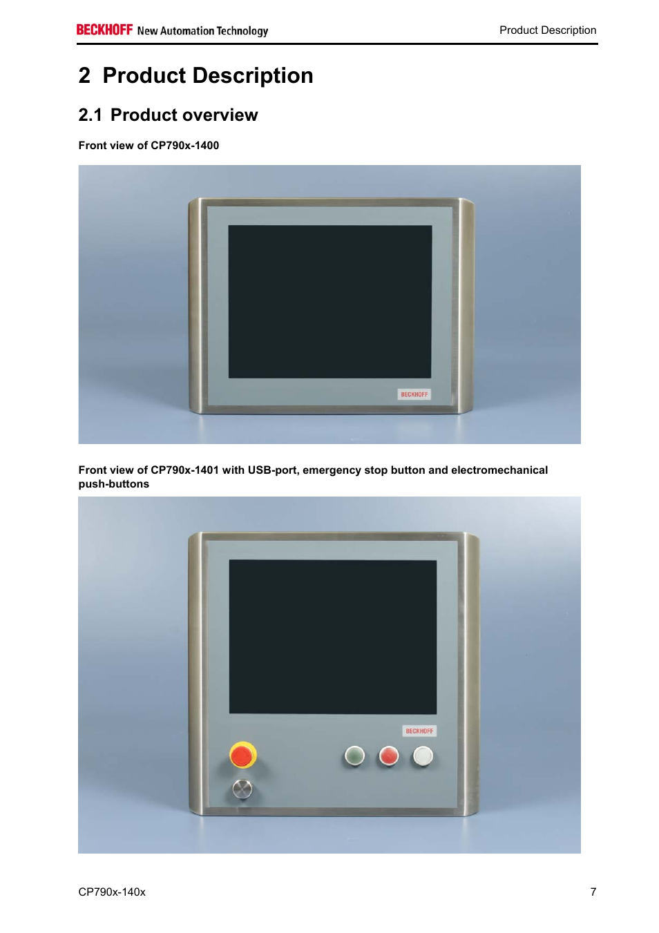 Product description, Product overview, Front view of cp790x-1400 | 2 product description, 1 product overview | BECKHOFF CP790x-140x User Manual | Page 9 / 38