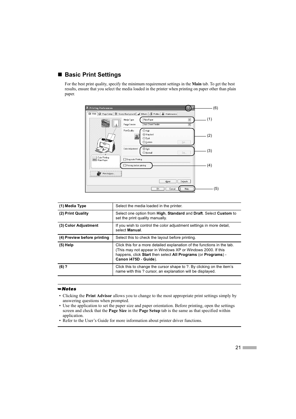 Basic print settings | Canon i 475D User Manual | Page 23 / 31