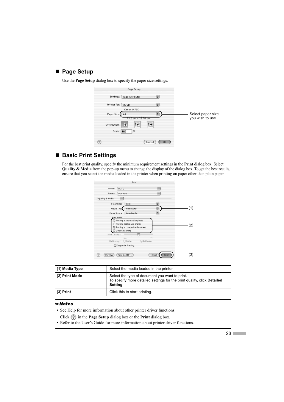 Page setup, Basic print settings | Canon i 475D User Manual | Page 25 / 31