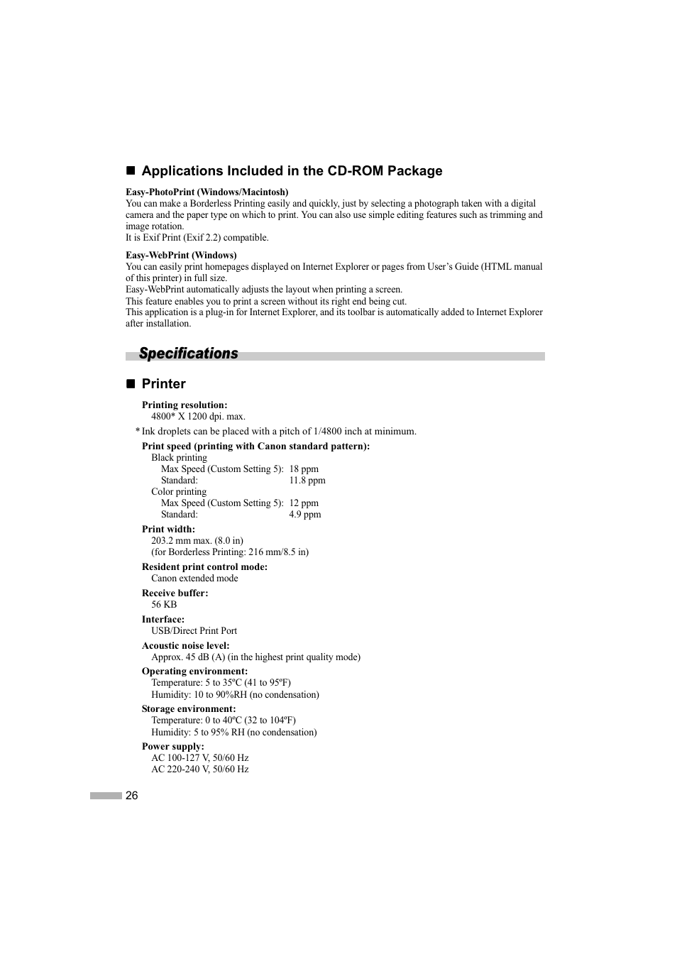 Specifications, Applications included in the cd-rom package, Printer | Canon i 475D User Manual | Page 28 / 31