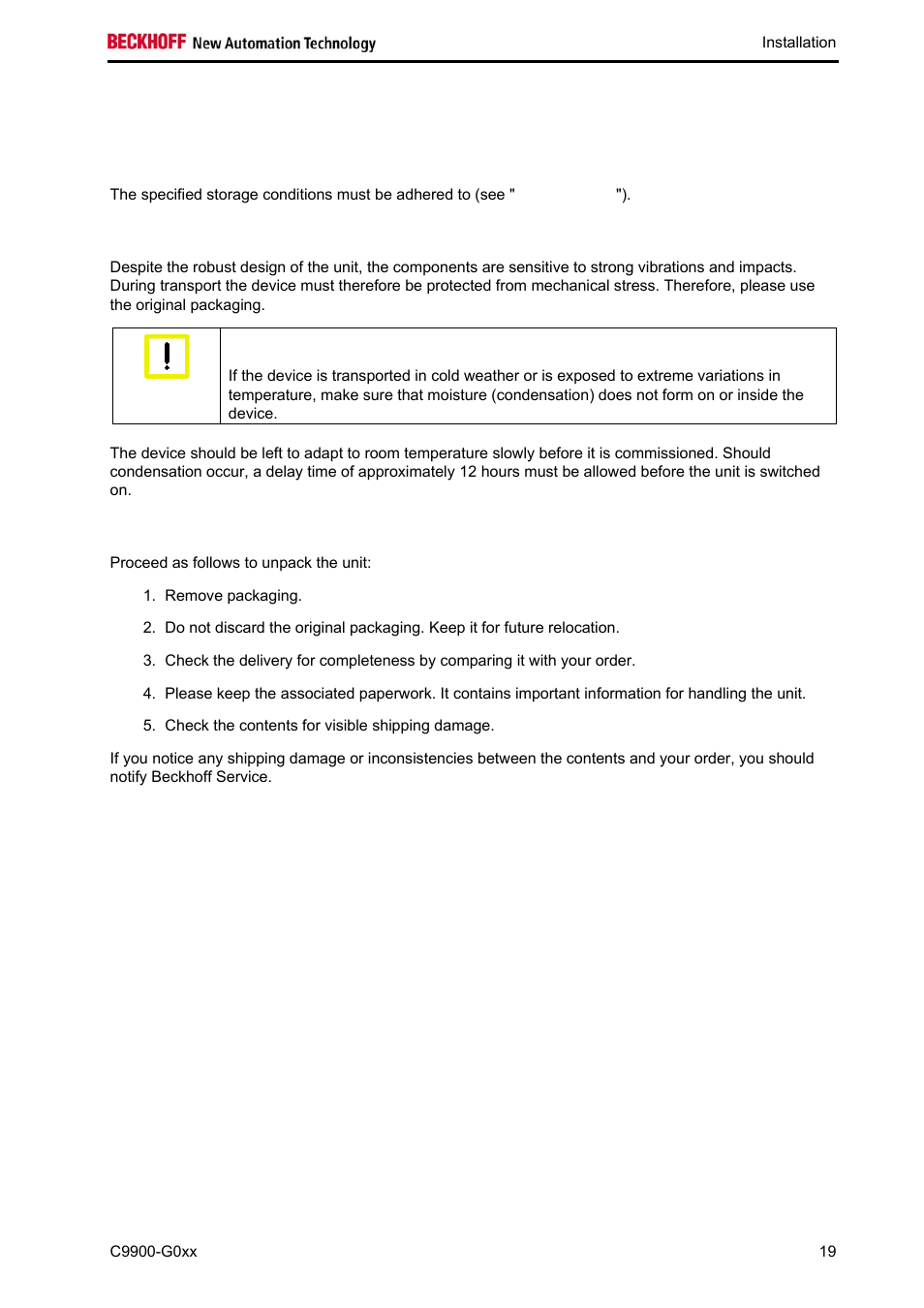 4 installation, 1 transport and unpacking | BECKHOFF C9900-G0xx User Manual | Page 21 / 30