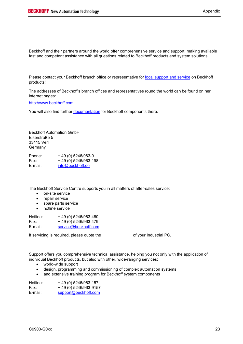 7 appendix, 1 service and support, 2 headquarters | BECKHOFF C9900-G0xx User Manual | Page 25 / 30