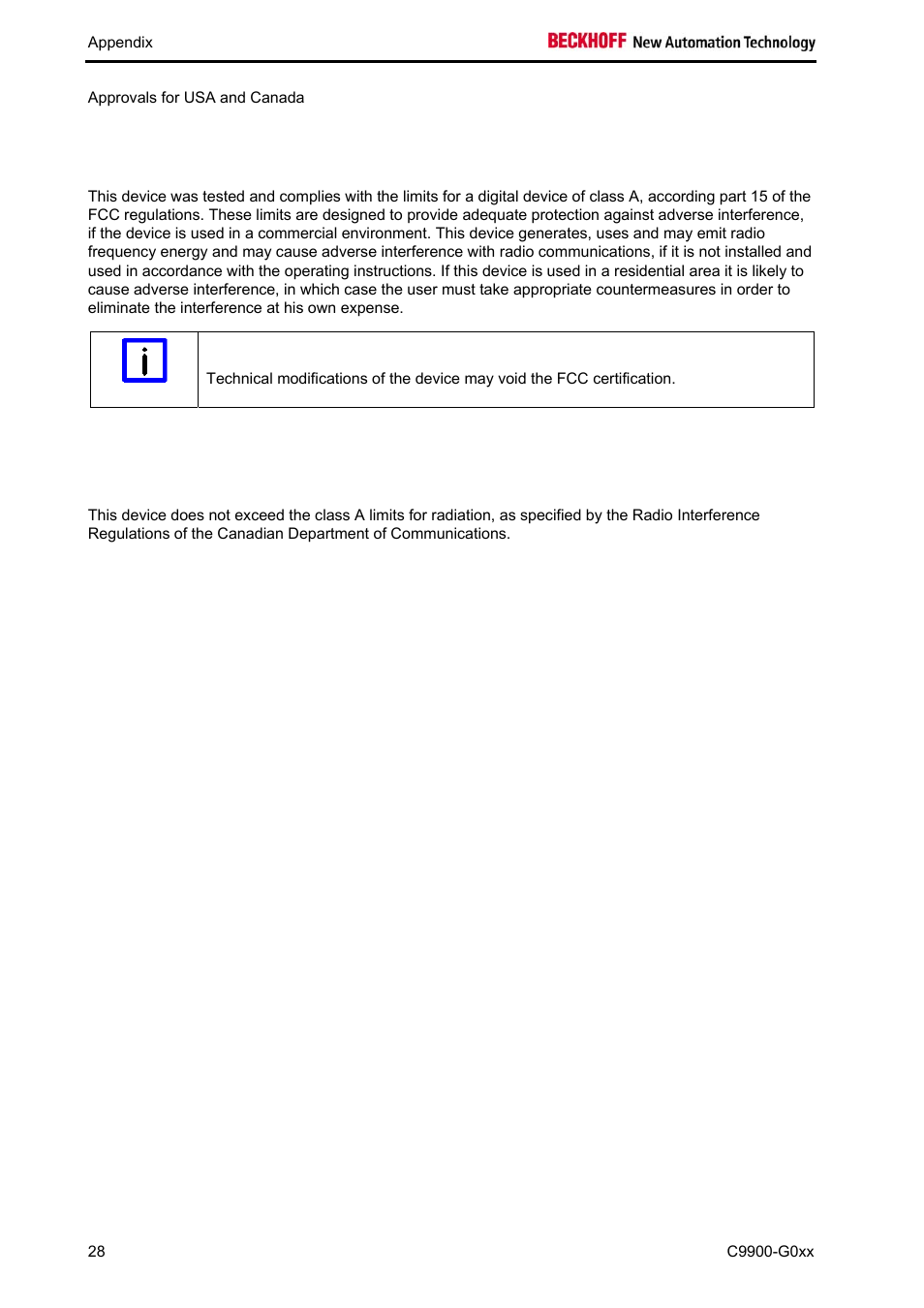6 fcc certifications for canada | BECKHOFF C9900-G0xx User Manual | Page 30 / 30