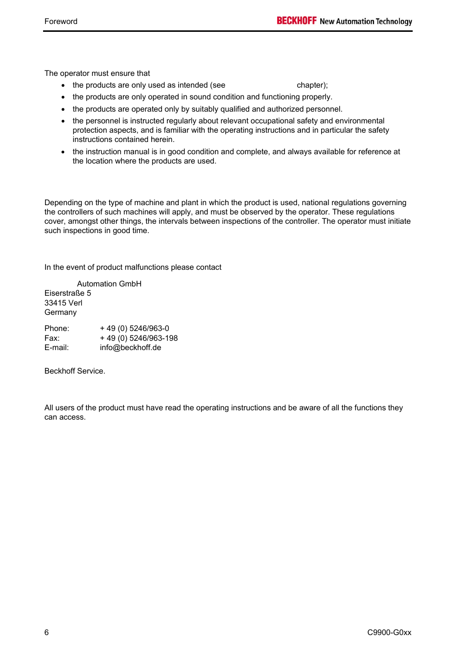 4 operator's obligation to exercise diligence | BECKHOFF C9900-G0xx User Manual | Page 8 / 30