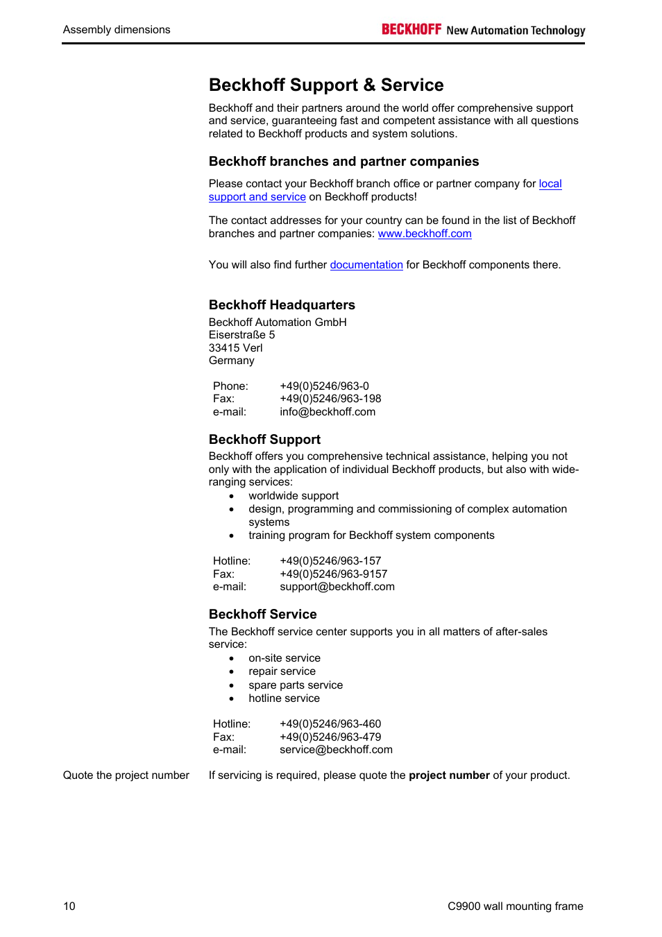 Beckhoff support & service, Beckhoff branches and partner companies, Beckhoff headquarters | Beckhoff support, Beckhoff service | BECKHOFF C9900-M298 User Manual | Page 12 / 12