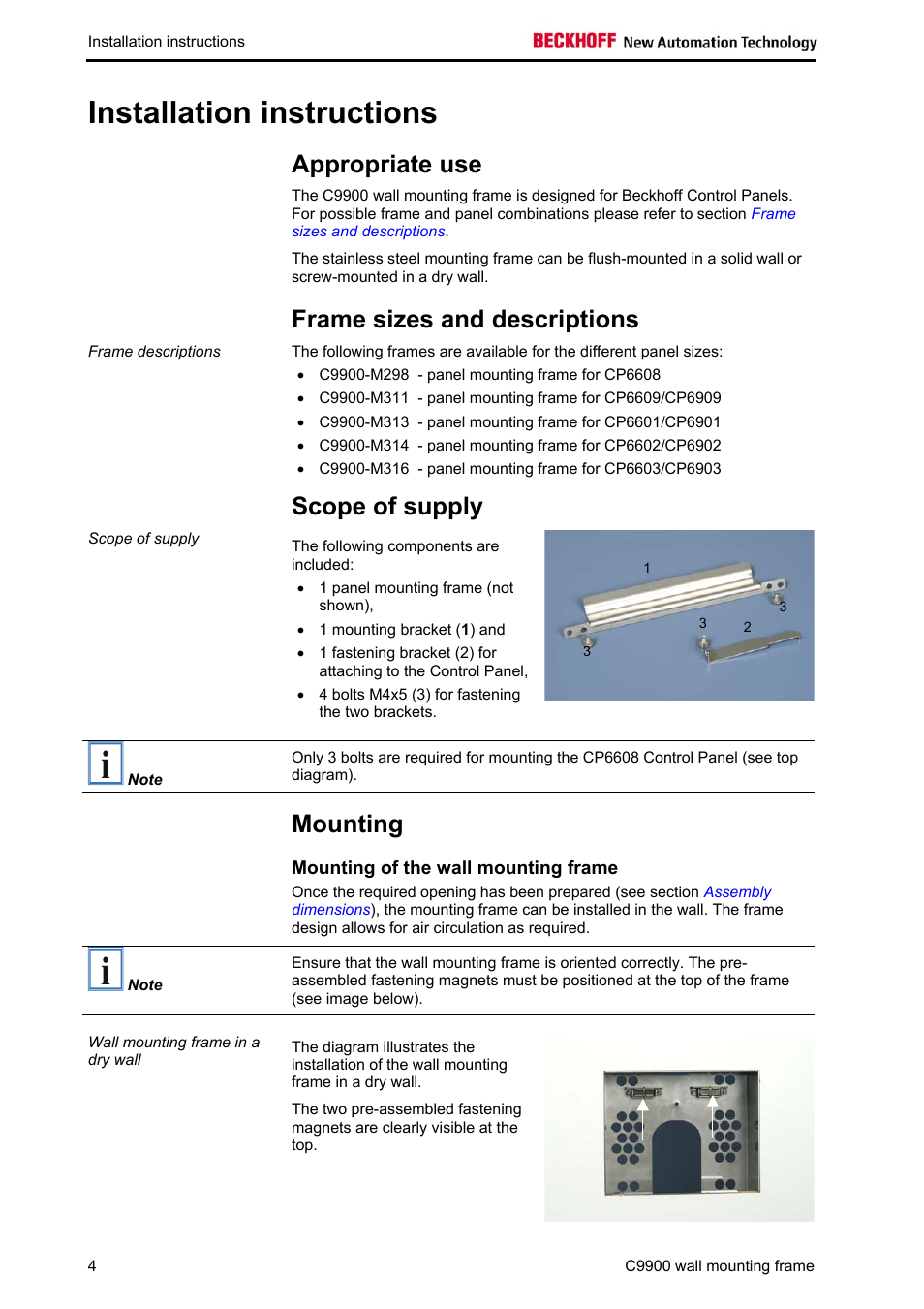 Installation instructions, Appropriate use, Frame sizes and descriptions | Scope of supply, Mounting, Mounting of the wall mounting frame | BECKHOFF C9900-M298 User Manual | Page 6 / 12