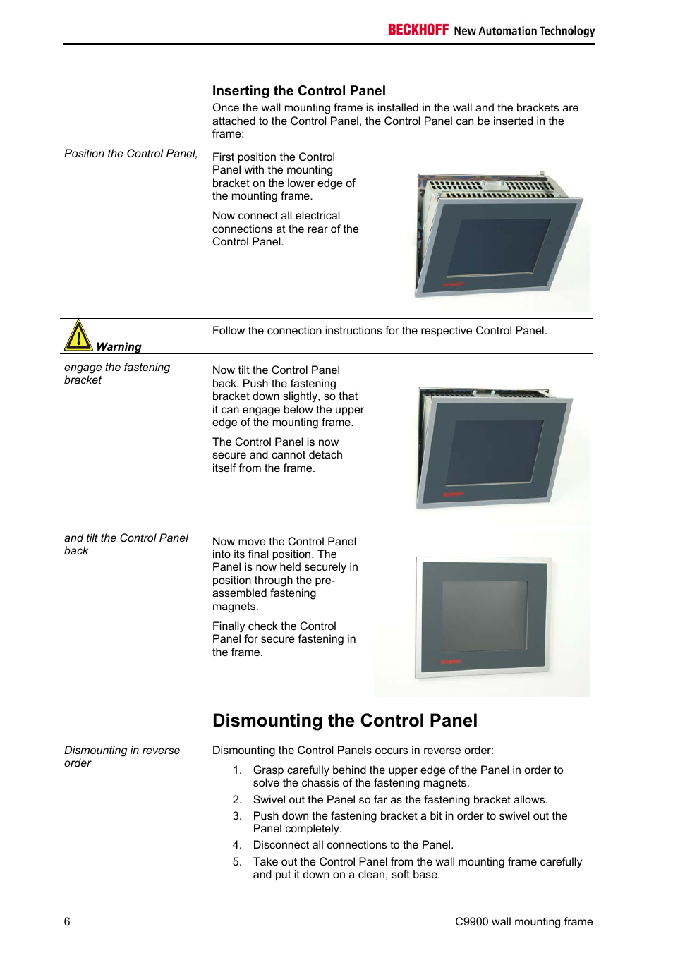 Inserting the control panel, Dismounting the control panel | BECKHOFF C9900-M298 User Manual | Page 8 / 12