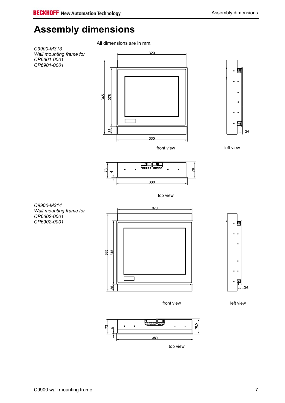 Assembly dimensions, Assembly, Dimensions | BECKHOFF C9900-M298 User Manual | Page 9 / 12