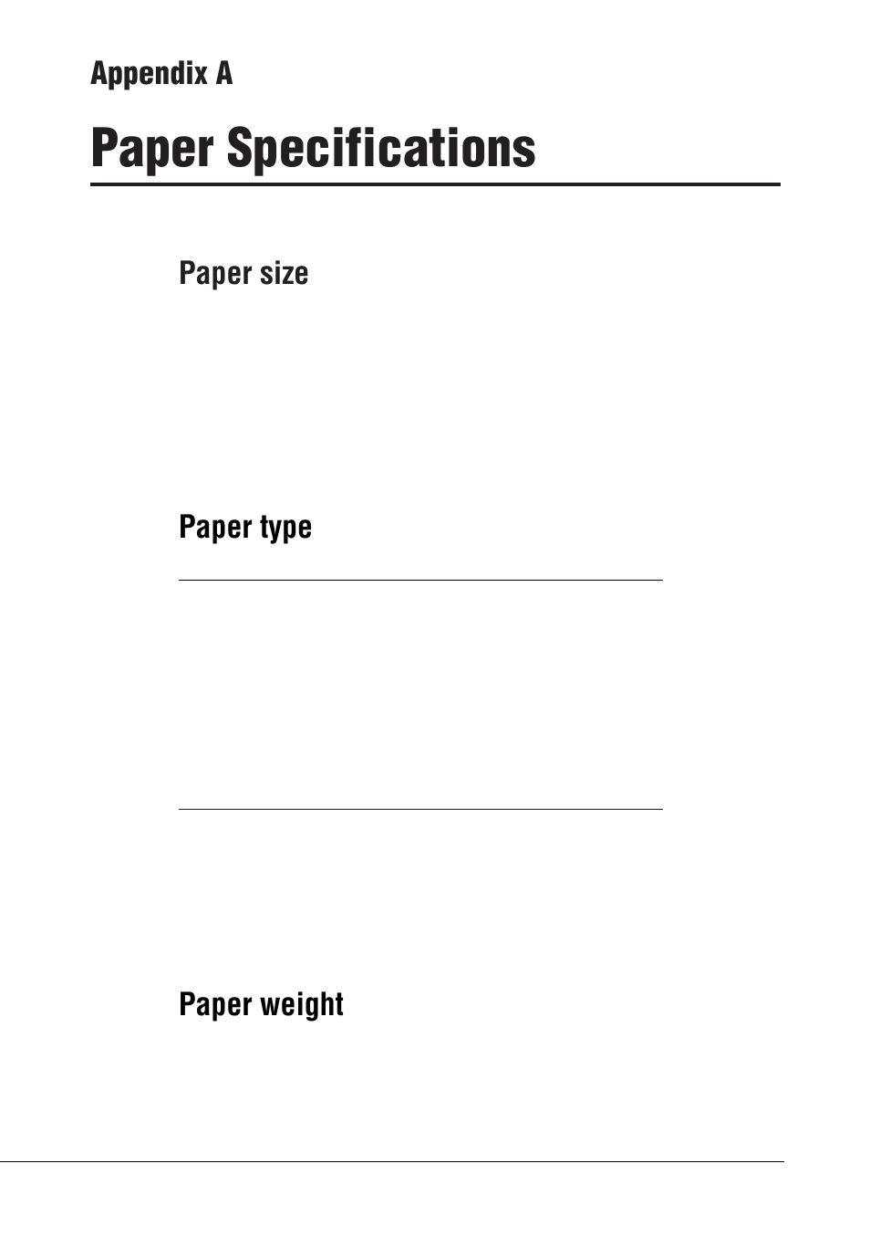 Paper specifications, Appendix a, Paper size | Paper type, Paper weight | Canon BJC-55 User Manual | Page 154 / 181
