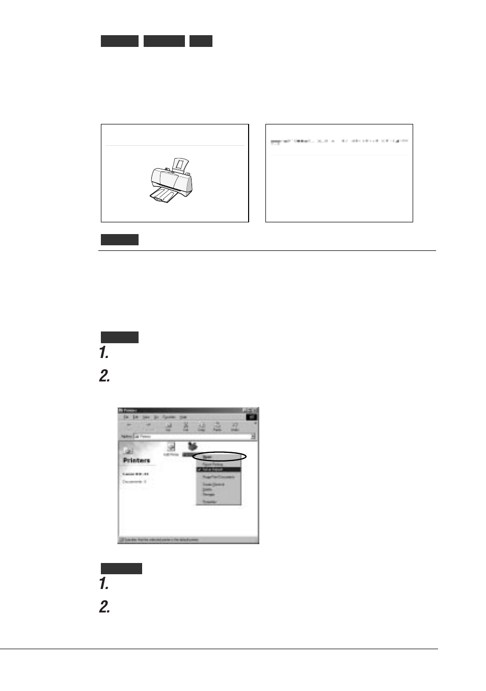 Strange characters printing, Select canon bjc-55 series as default printer, Click start, point to settings, and click printers | Selecting the bjc-55 as the default printer | Canon BJC-55 User Manual | Page 96 / 181