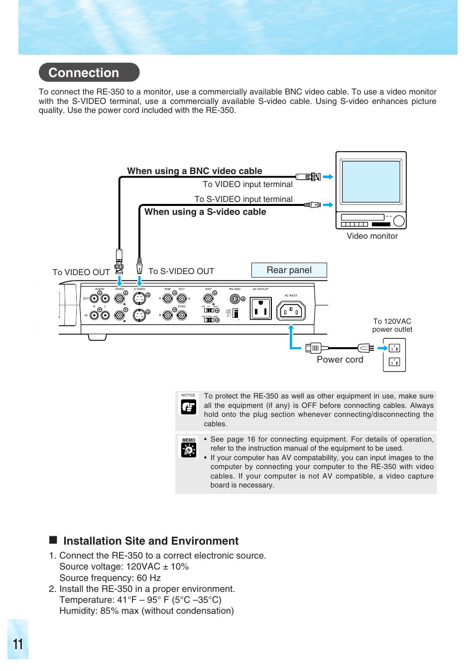 Connection, Installation site and environment, Power cord | Video monitor to video out to s-video out | Canon RE-350 User Manual | Page 12 / 23