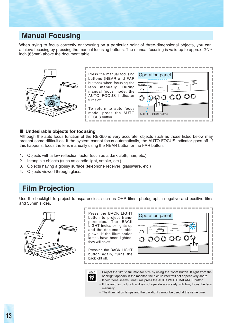 Film projection, Manual focusing, Undesirable objects for focusing | Operation panel, Inch (65mm) above the document table | Canon RE-350 User Manual | Page 14 / 23