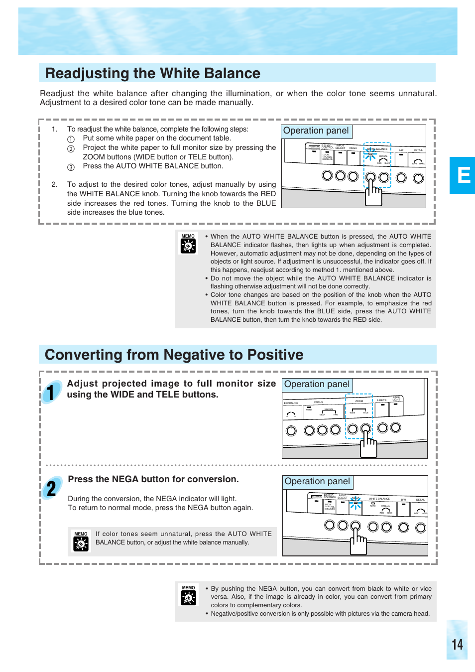 Converting from negative to positive, Readjusting the white balance, Operation panel | Canon RE-350 User Manual | Page 15 / 23