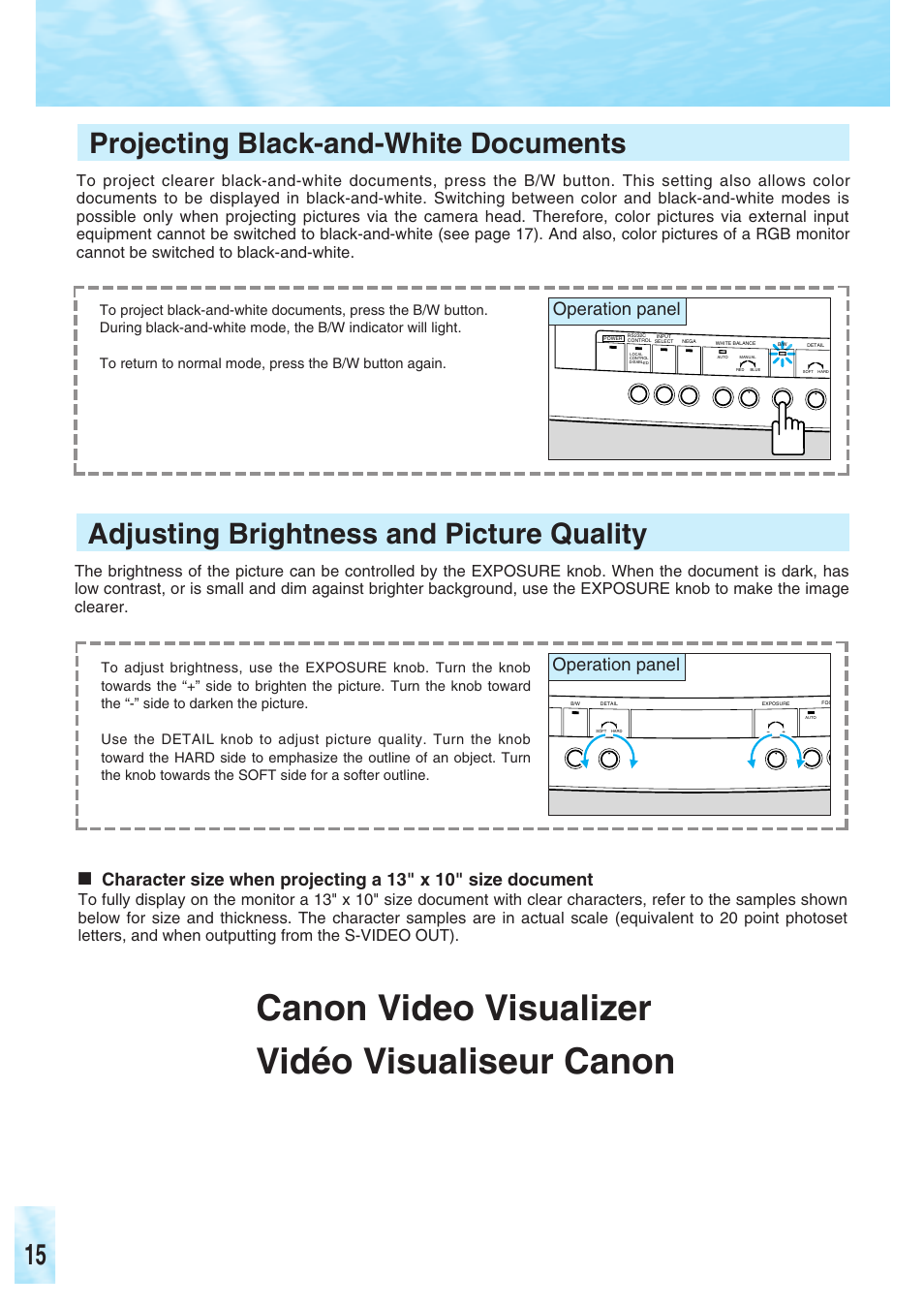 Canon video visualizer vidéo visualiseur canon, Projecting black-and-white documents, Adjusting brightness and picture quality | Operation panel | Canon RE-350 User Manual | Page 16 / 23