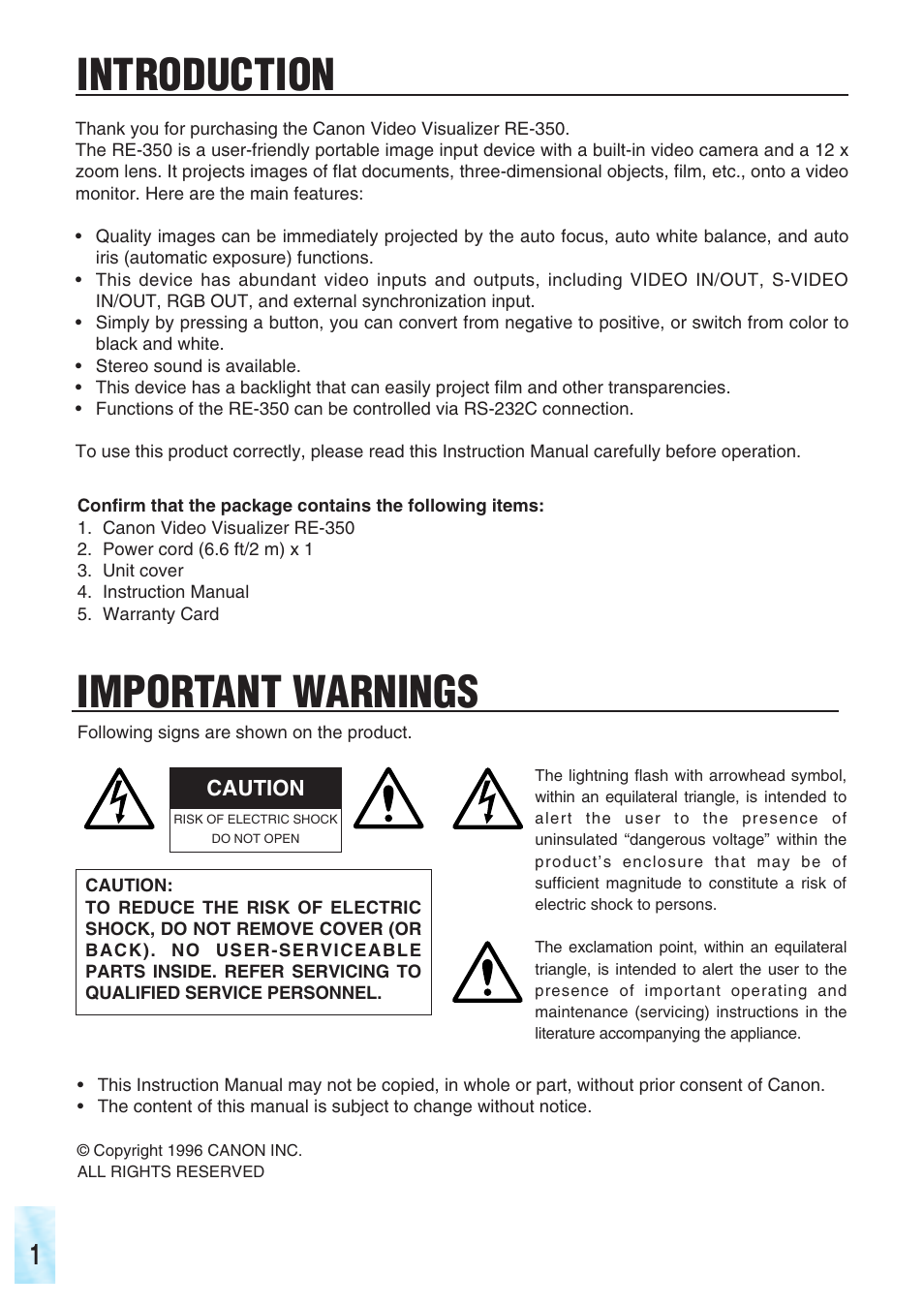 Important warnings, Introduction | Canon RE-350 User Manual | Page 2 / 23