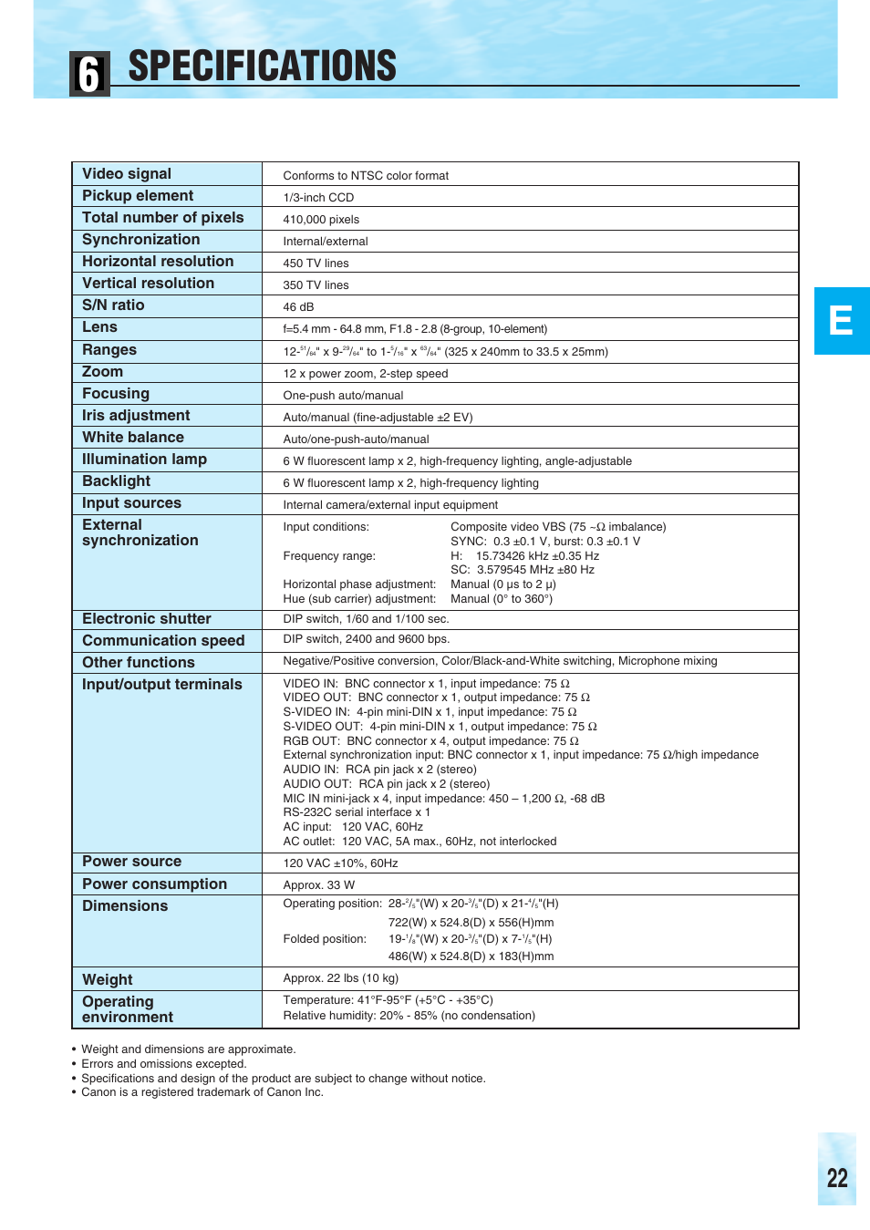 Specifications | Canon RE-350 User Manual | Page 23 / 23