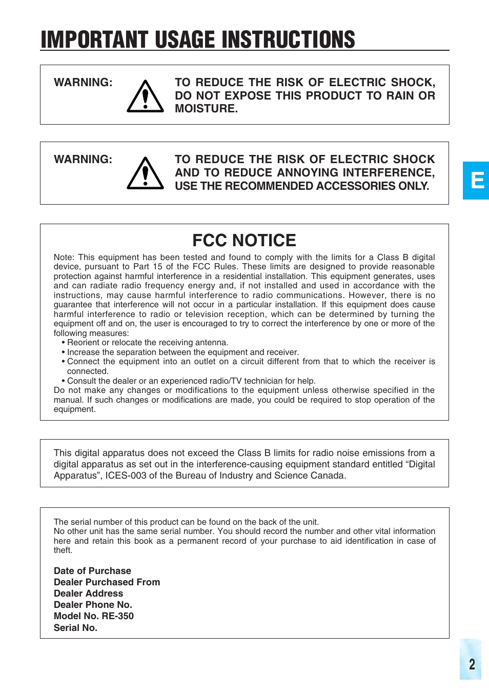 Important usage instructions, Fcc notice | Canon RE-350 User Manual | Page 3 / 23
