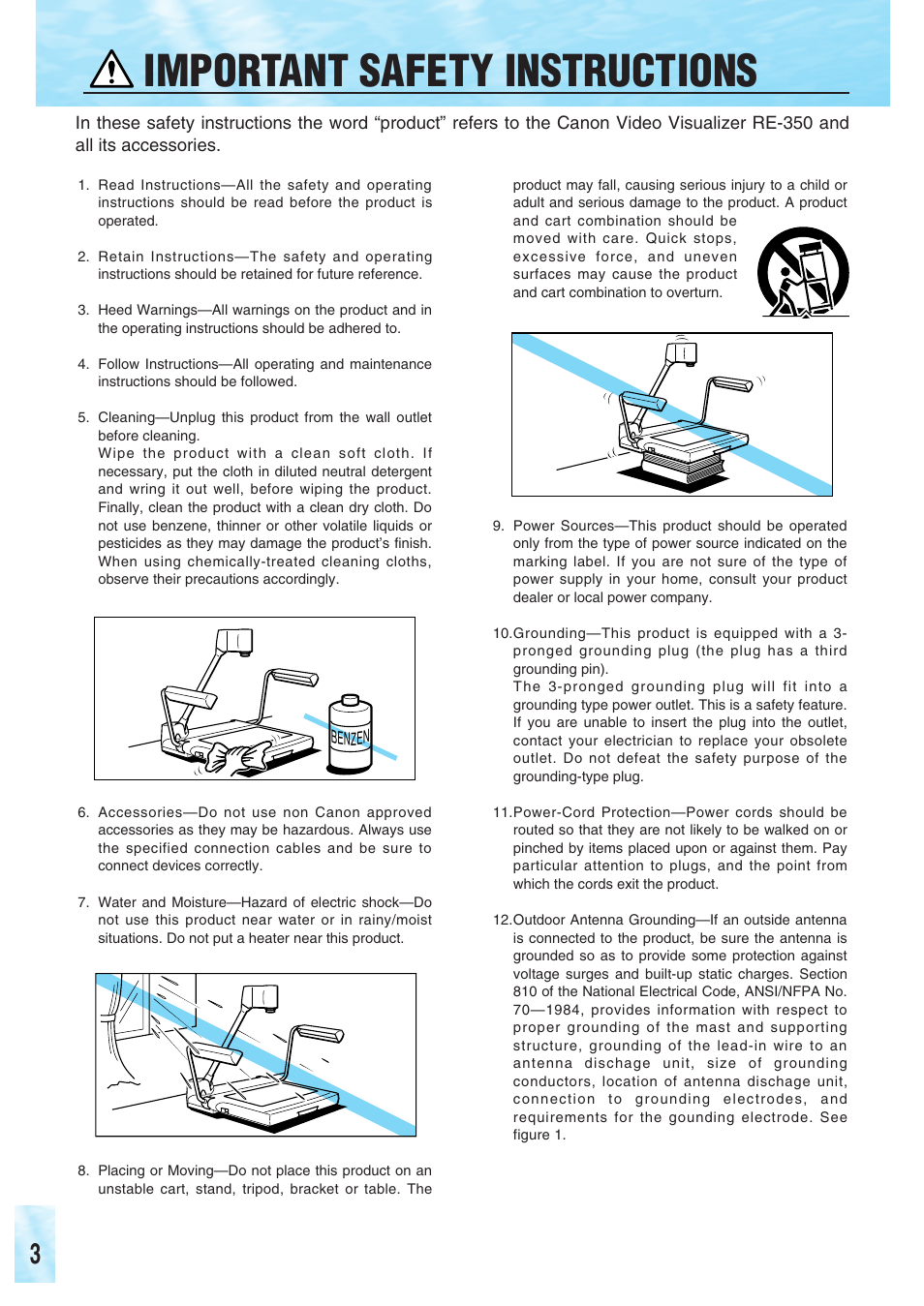 Important safety instructions | Canon RE-350 User Manual | Page 4 / 23