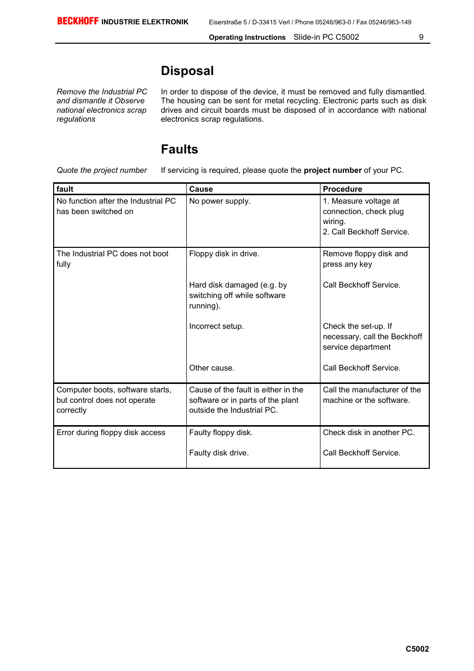 Disposal, Faults | BECKHOFF C5002 User Manual | Page 10 / 10