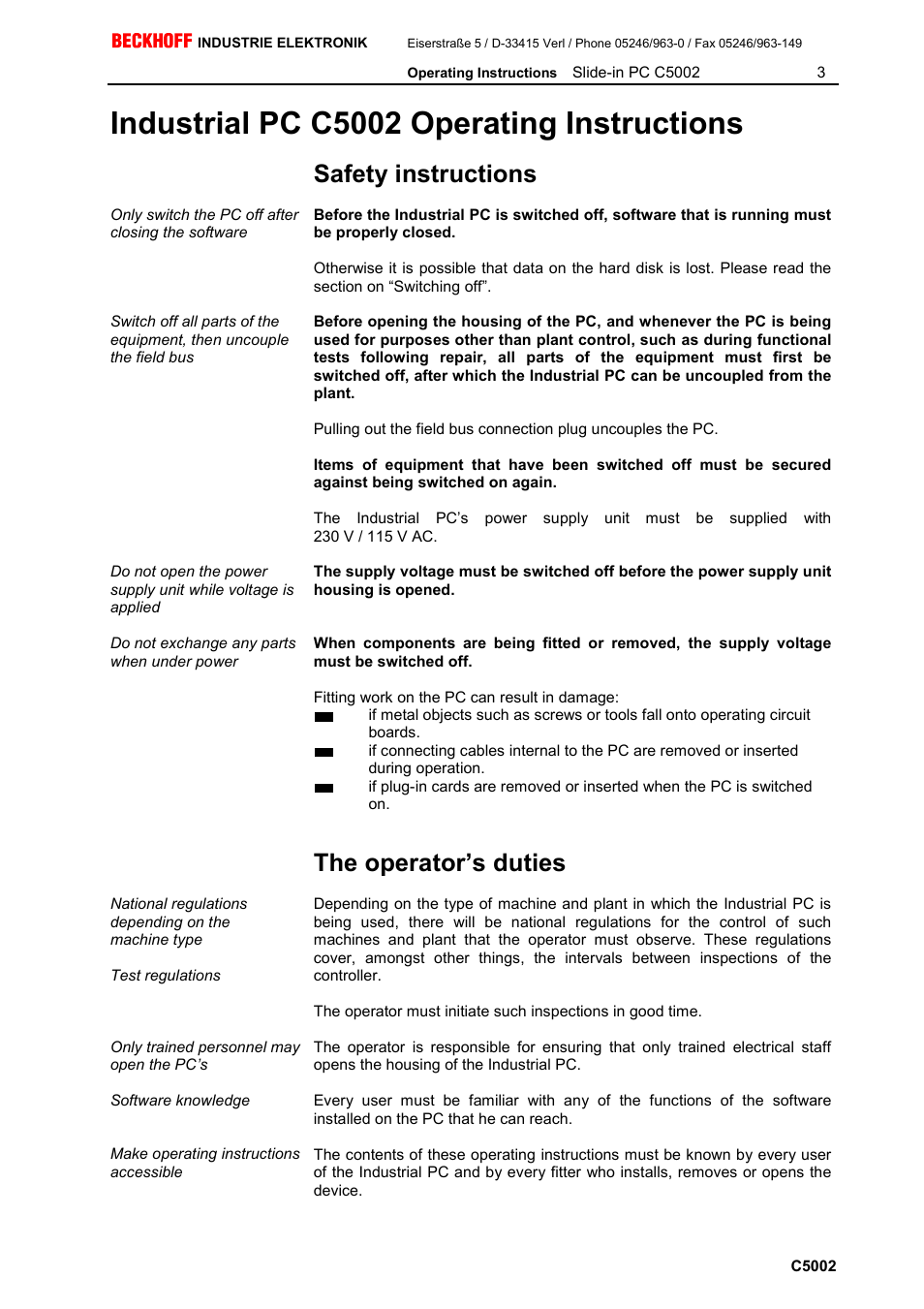 Safety instructions, The operator’s duties, Industrial pc c5002 operating instructions | BECKHOFF C5002 User Manual | Page 4 / 10