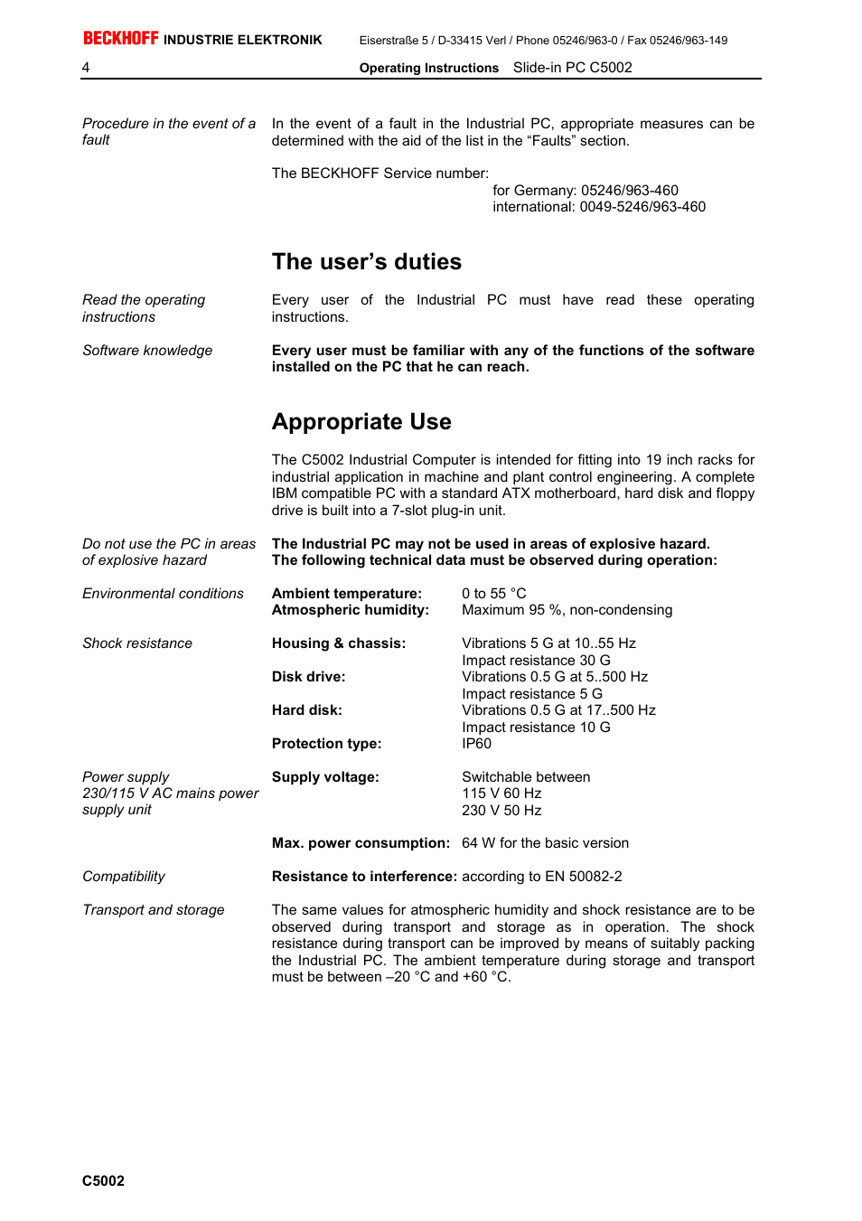 The user’s duties, Appropriate use | BECKHOFF C5002 User Manual | Page 5 / 10