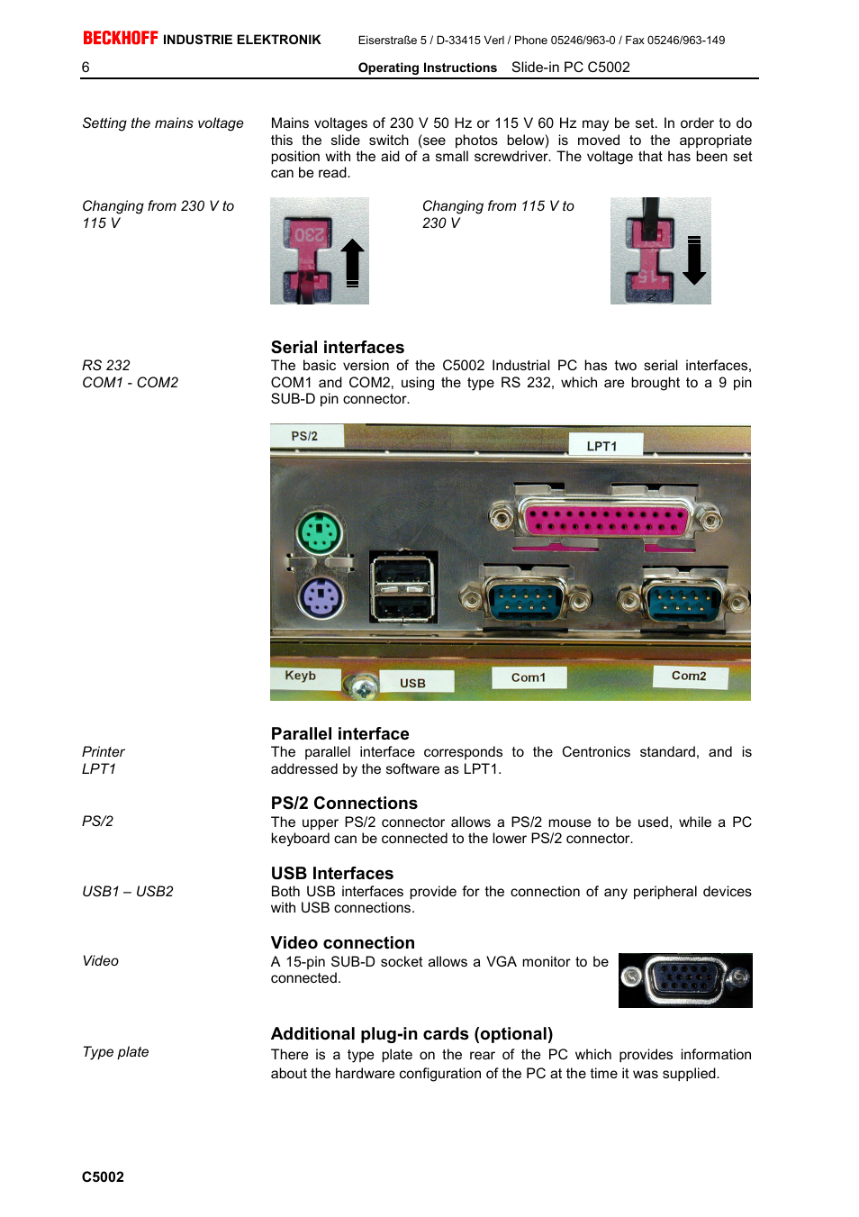 Serial interfaces, Parallel interface, Ps/2 connections | Usb interfaces, Video connection, Additional plug-in cards (optional) | BECKHOFF C5002 User Manual | Page 7 / 10