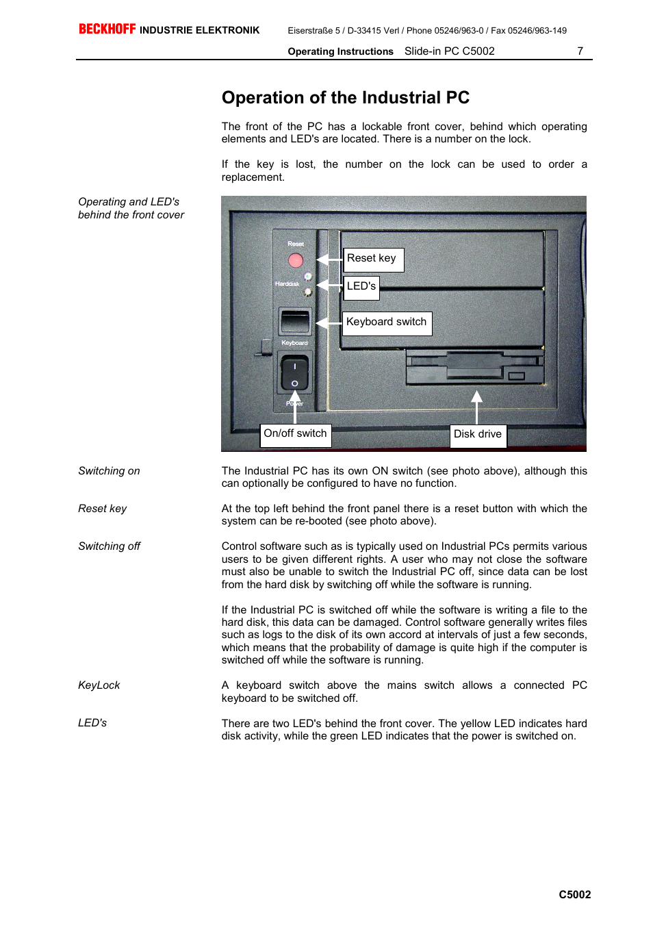 Operation of the industrial pc | BECKHOFF C5002 User Manual | Page 8 / 10