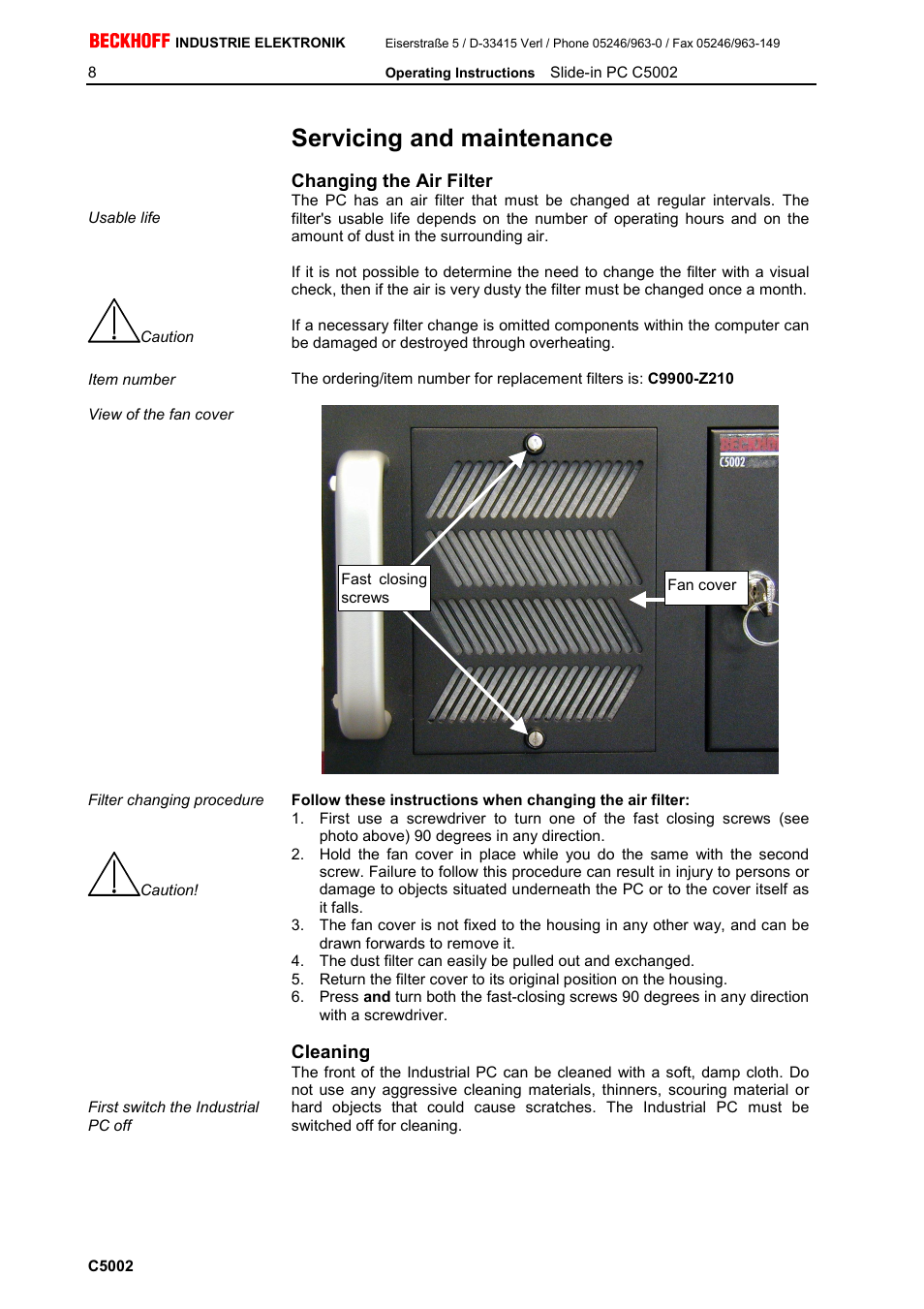 Servicing and maintenance, Changing the air filter, Cleaning | BECKHOFF C5002 User Manual | Page 9 / 10