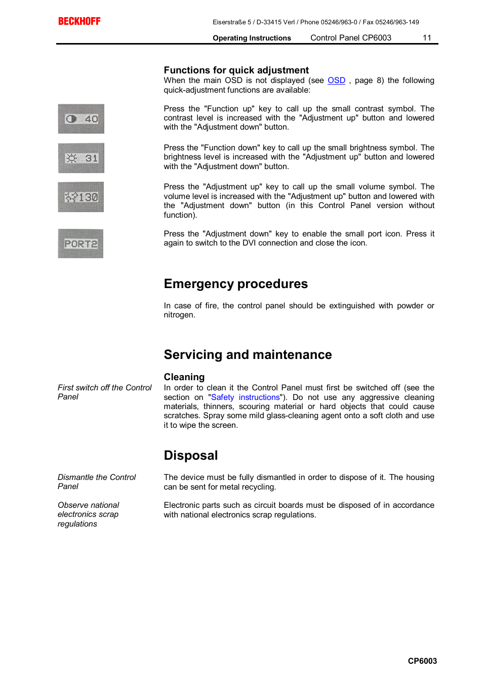 Functions for quick adjustment, Emergency procedures, Servicing and maintenance | Cleaning, Disposal | BECKHOFF CP6003 User Manual | Page 11 / 14