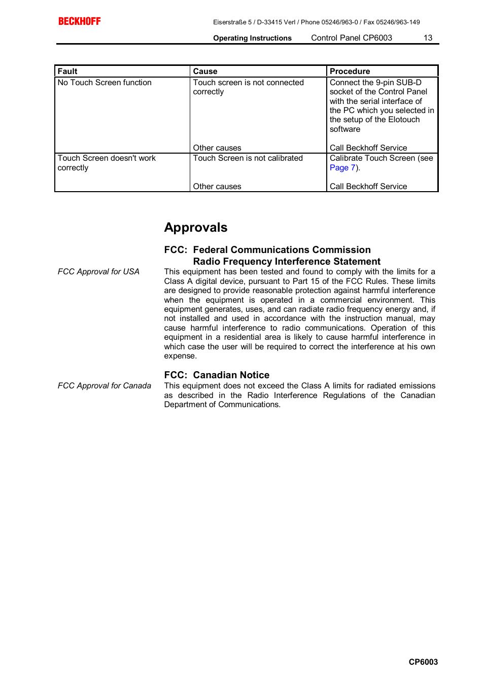 Approvals, Fcc: federal communications commission, Fcc: canadian notice | BECKHOFF CP6003 User Manual | Page 13 / 14