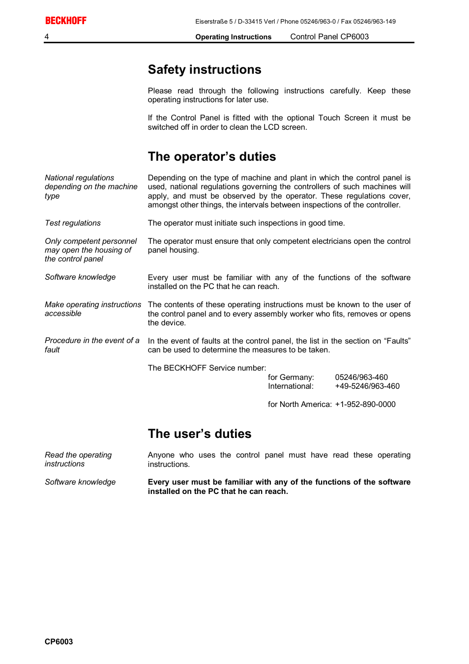 Safety instructions, The operator’s duties, The user’s duties | BECKHOFF CP6003 User Manual | Page 4 / 14