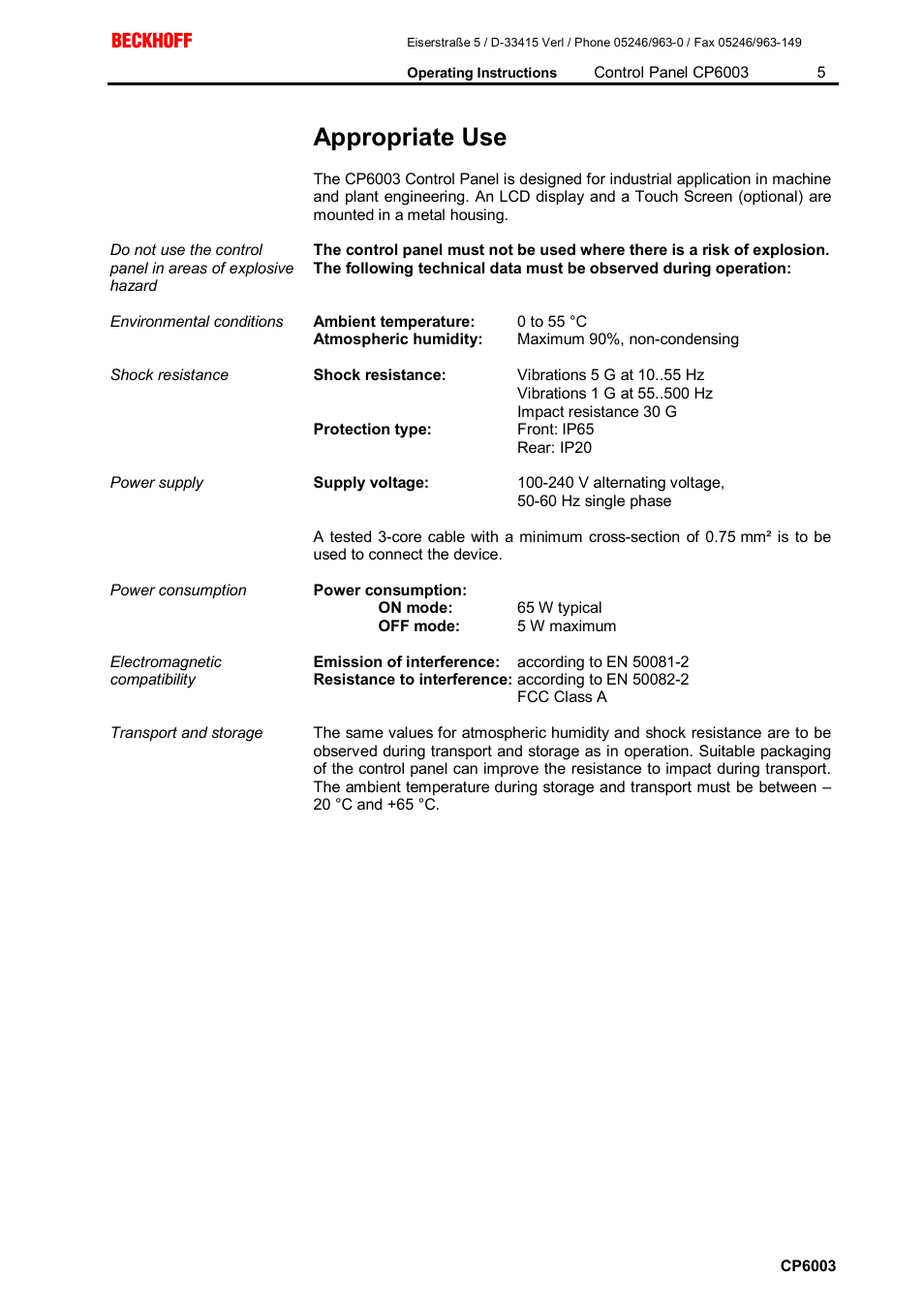 Appropriate use | BECKHOFF CP6003 User Manual | Page 5 / 14