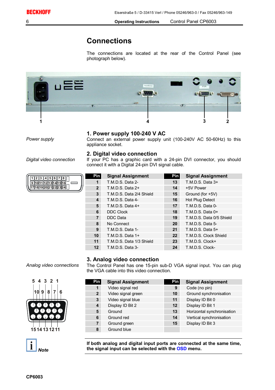 Connections, Power supply 100-240 v ac, Digital video connection | Analog video connection | BECKHOFF CP6003 User Manual | Page 6 / 14