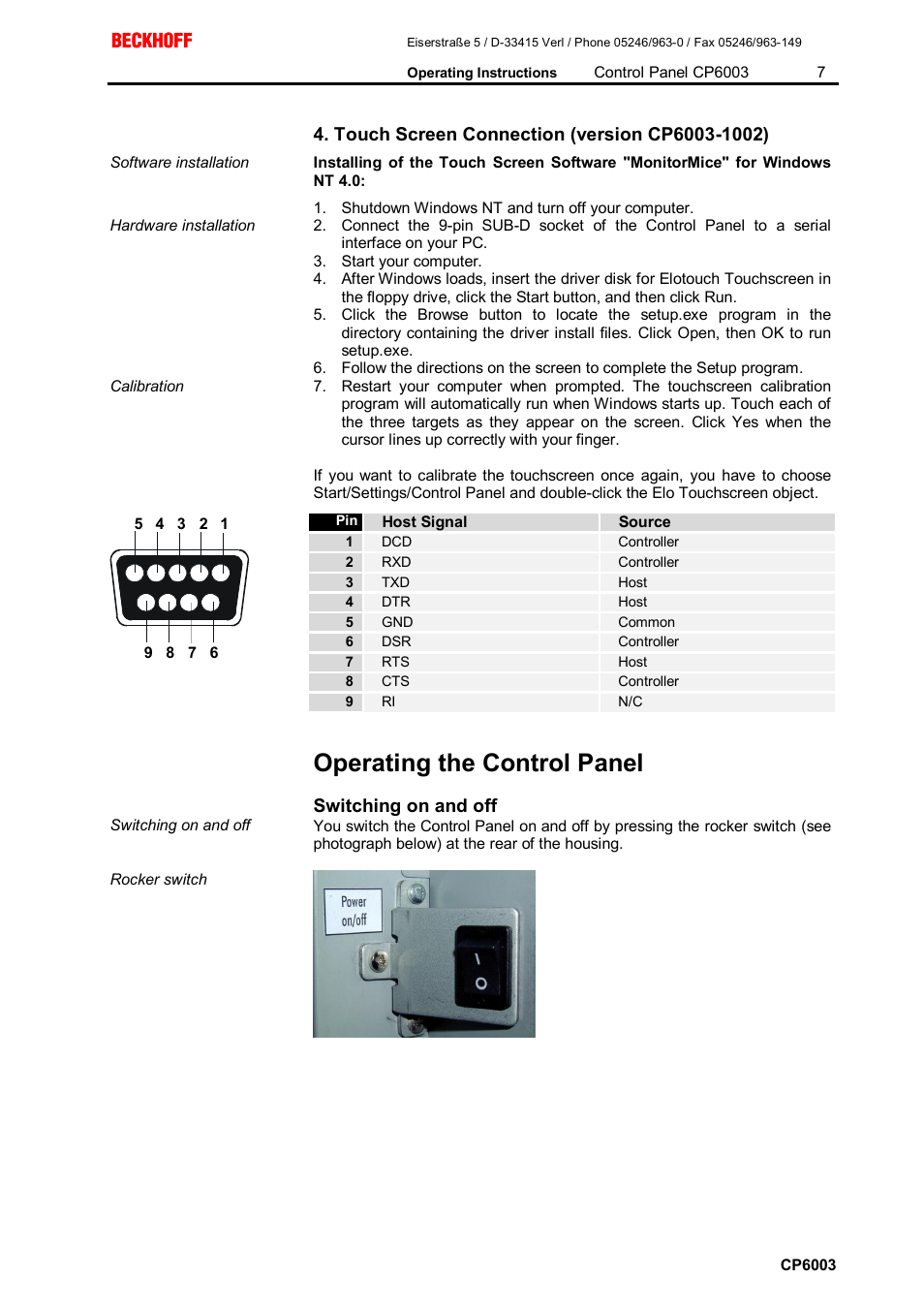 Touch screen connection (version cp6003-1002), Operating the control panel, Switching on and off | BECKHOFF CP6003 User Manual | Page 7 / 14