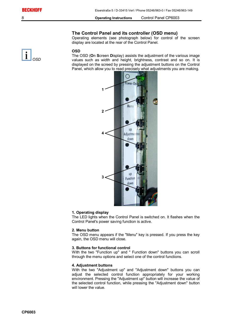 The control panel and its controller (osd menu) | BECKHOFF CP6003 User Manual | Page 8 / 14