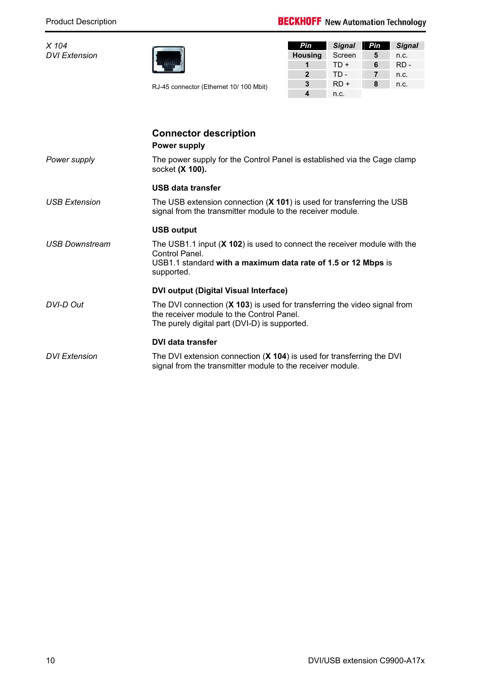 Signal, Connector description, Power supply | Usb data transfer, Usb output, Dvi output (digital visual interface), Dvi data transfer | BECKHOFF C9900-A172 User Manual | Page 11 / 20