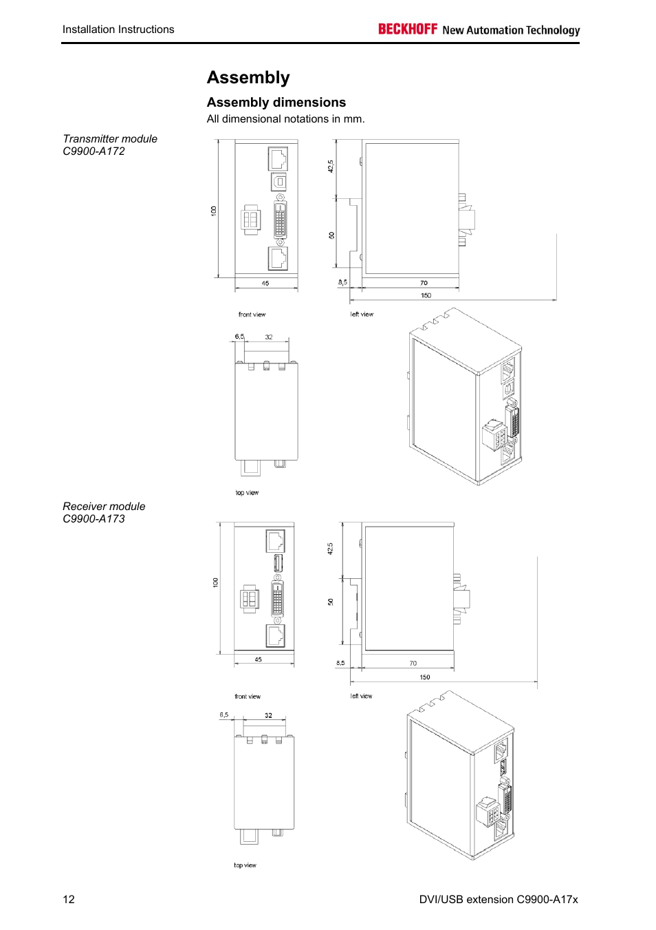 Assembly, Assembly dimensions, Assembly 12 | BECKHOFF C9900-A172 User Manual | Page 13 / 20