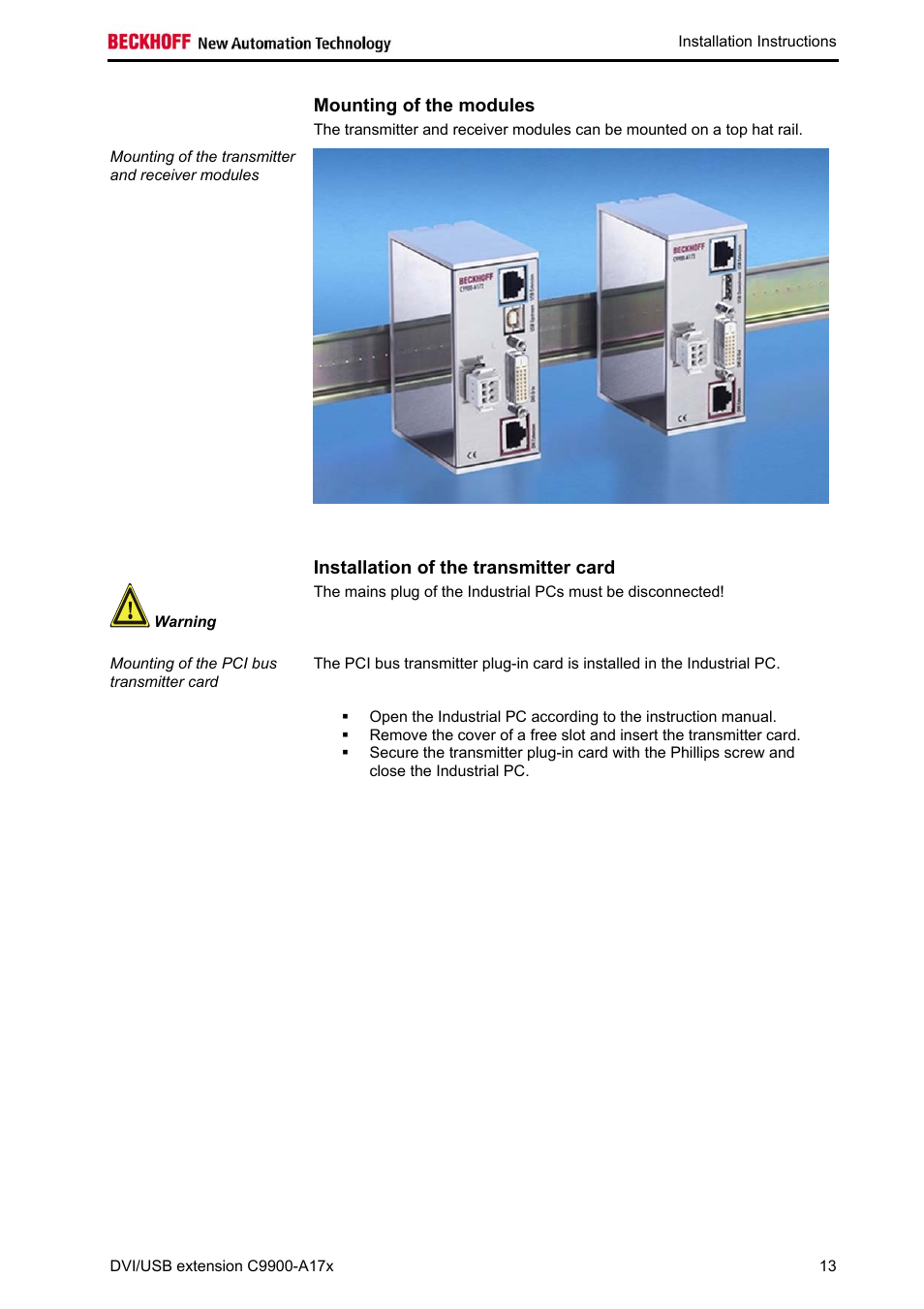 Mounting of the modules, Installation of the transmitter card | BECKHOFF C9900-A172 User Manual | Page 14 / 20