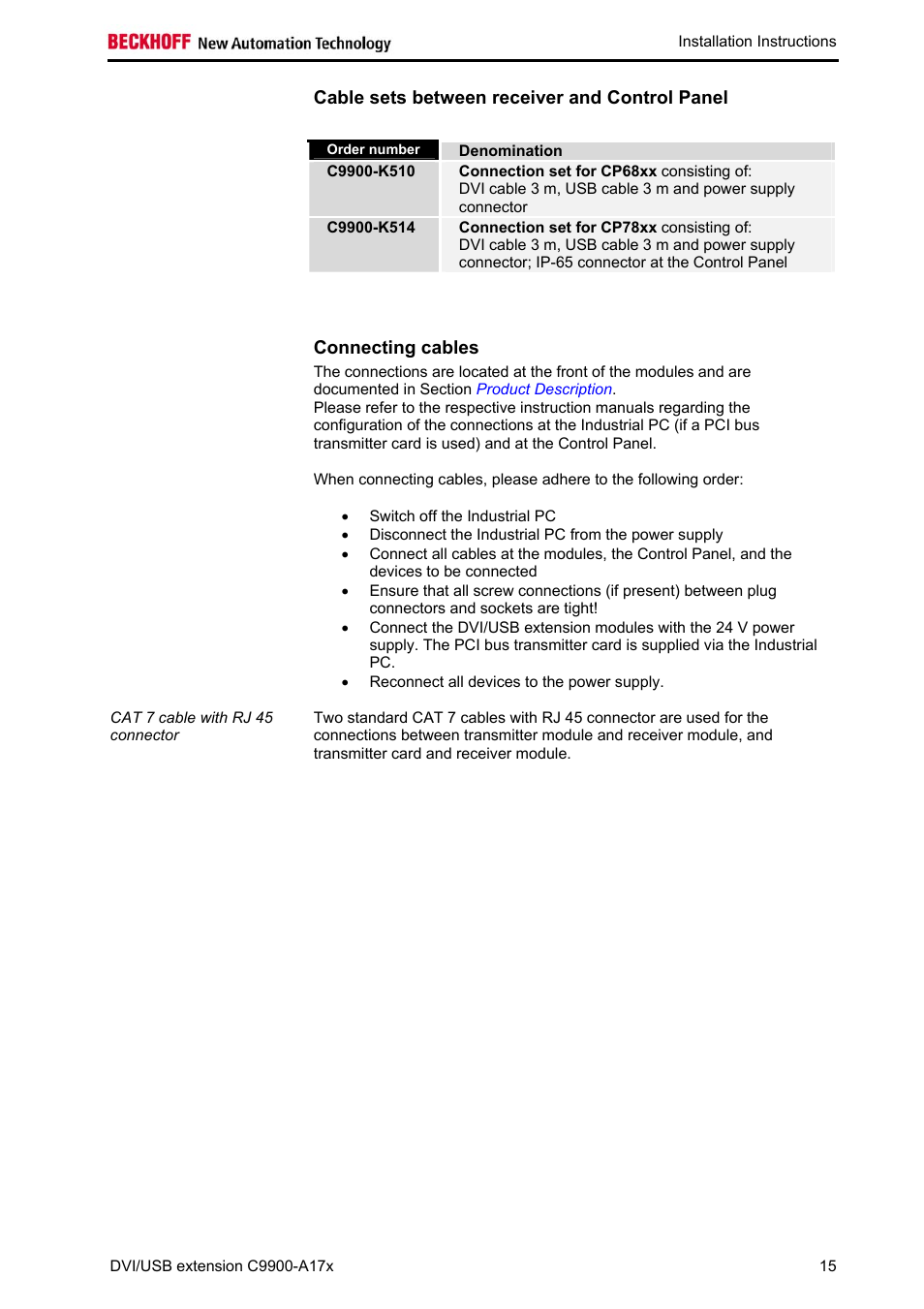 Cable sets between receiver and control panel, Connecting cables | BECKHOFF C9900-A172 User Manual | Page 16 / 20