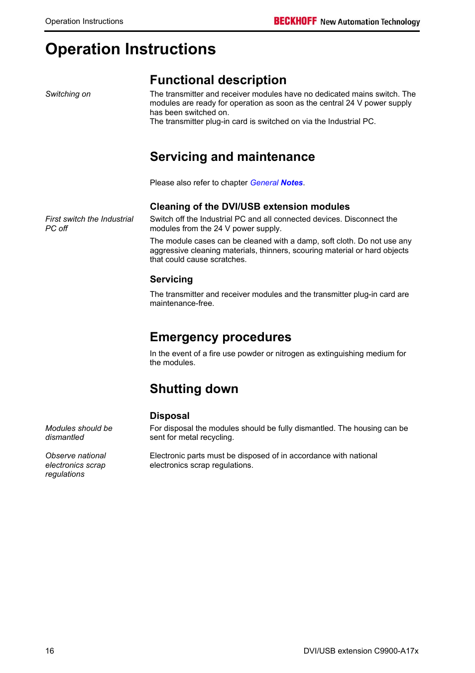Operation instructions, Functional description, Servicing and maintenance | Cleaning of the dvi/usb extension modules, Servicing, Emergency procedures, Shutting down, Disposal | BECKHOFF C9900-A172 User Manual | Page 17 / 20