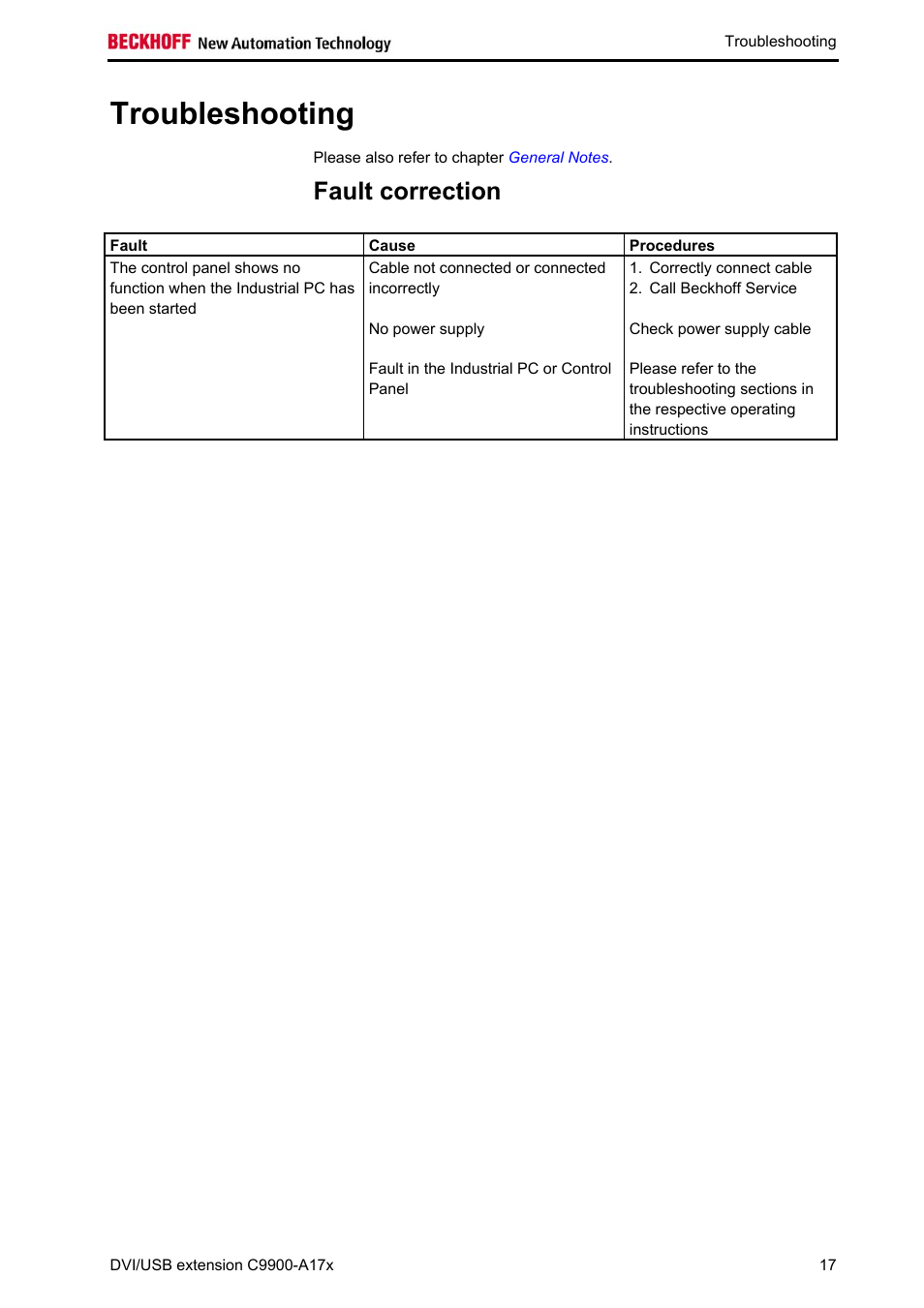 Troubleshooting, Fault correction, Troubleshooting 17 | For appropriate measures | BECKHOFF C9900-A172 User Manual | Page 18 / 20