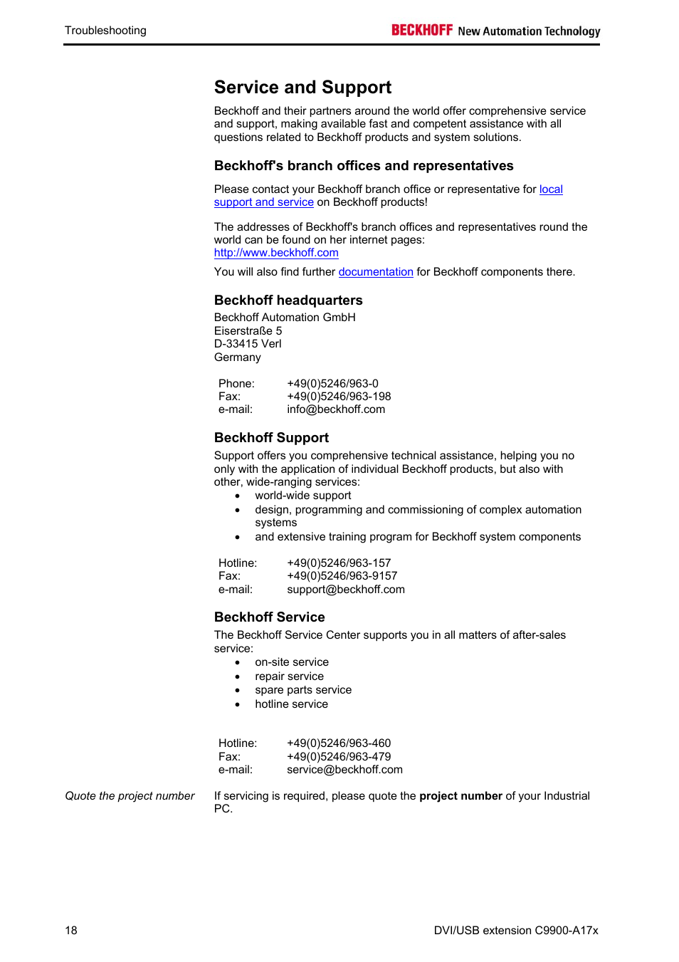 Service and support, Beckhoff's branch offices and representatives, Beckhoff headquarters | Beckhoff support, Beckhoff service | BECKHOFF C9900-A172 User Manual | Page 19 / 20