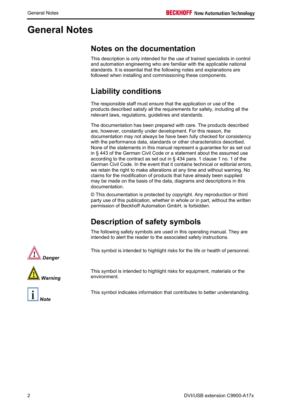 General notes, Notes on the documentation, Liability conditions | Description of safety symbols | BECKHOFF C9900-A172 User Manual | Page 3 / 20