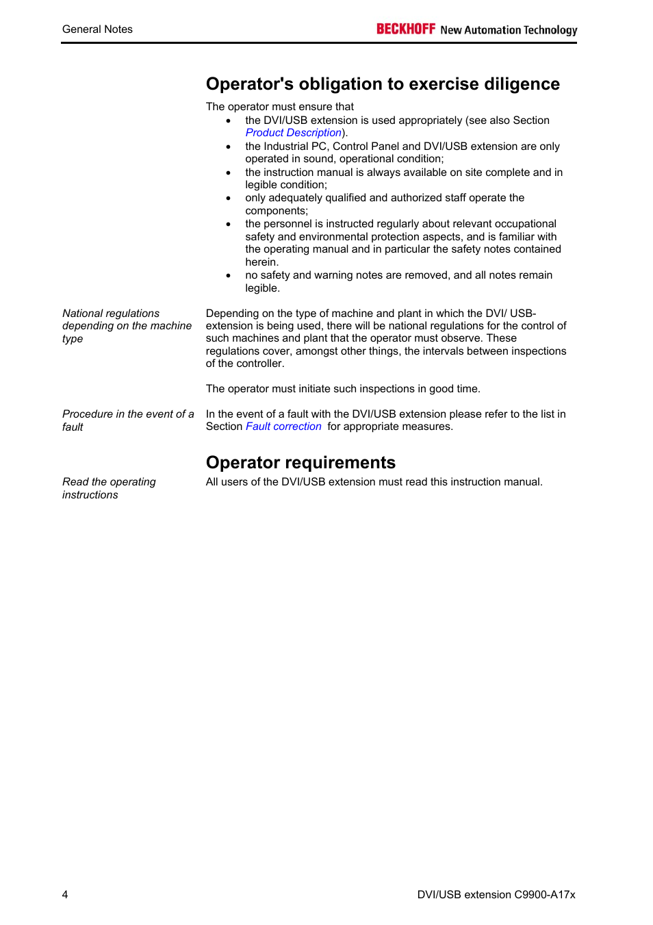Operator's obligation to exercise diligence, Operator requirements | BECKHOFF C9900-A172 User Manual | Page 5 / 20