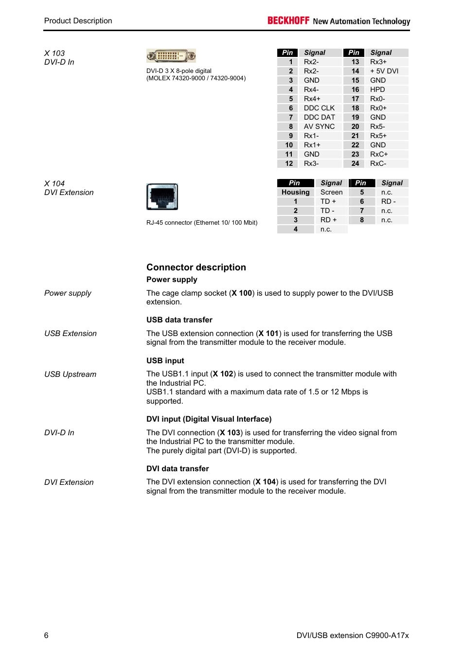Signal, Connector description, Power supply | Usb data transfer, Usb input, Dvi input (digital visual interface), Dvi data transfer | BECKHOFF C9900-A172 User Manual | Page 7 / 20