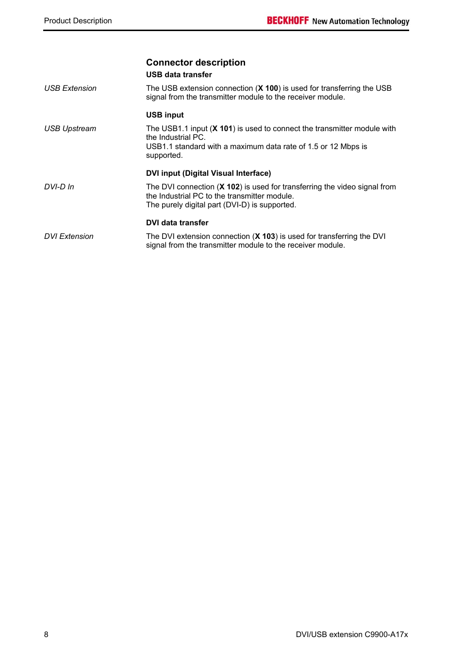 Connector description, Usb data transfer, Usb input | Dvi input (digital visual interface), Dvi data transfer | BECKHOFF C9900-A172 User Manual | Page 9 / 20