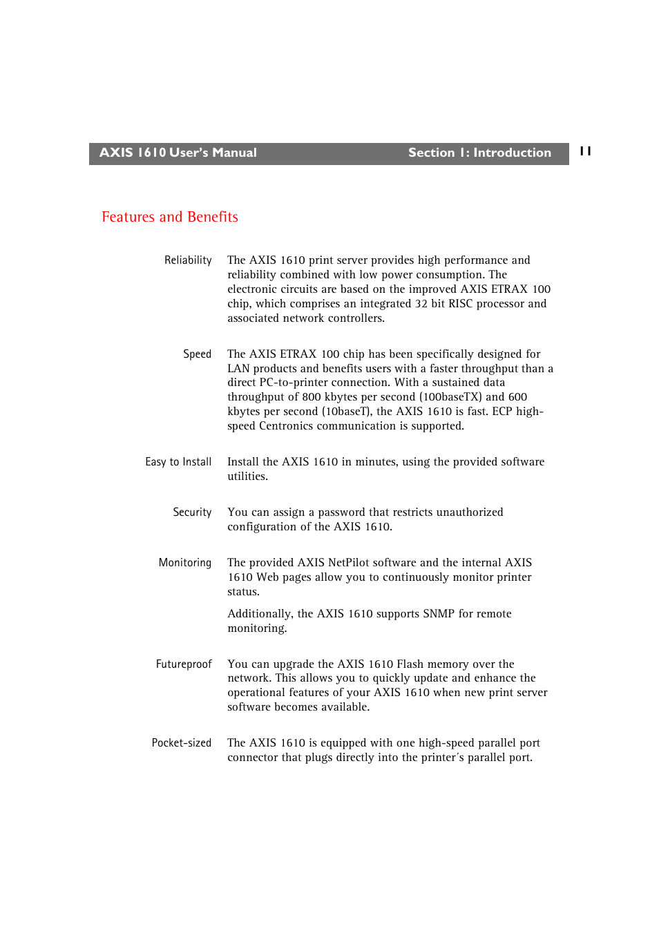 Features and benefits | Canon AXIS 1610 User Manual | Page 11 / 57