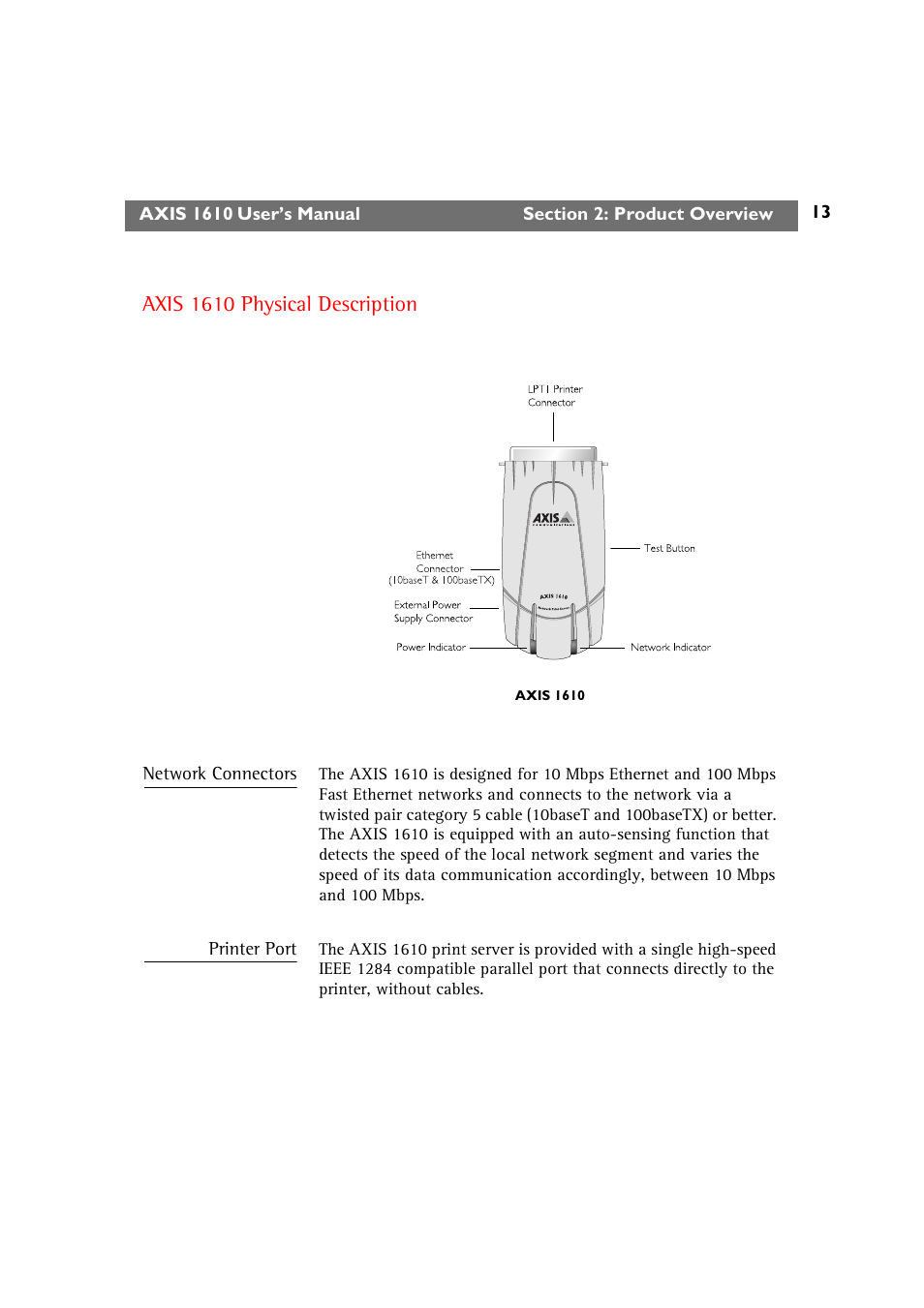Axis 1610 physical description | Canon AXIS 1610 User Manual | Page 13 / 57