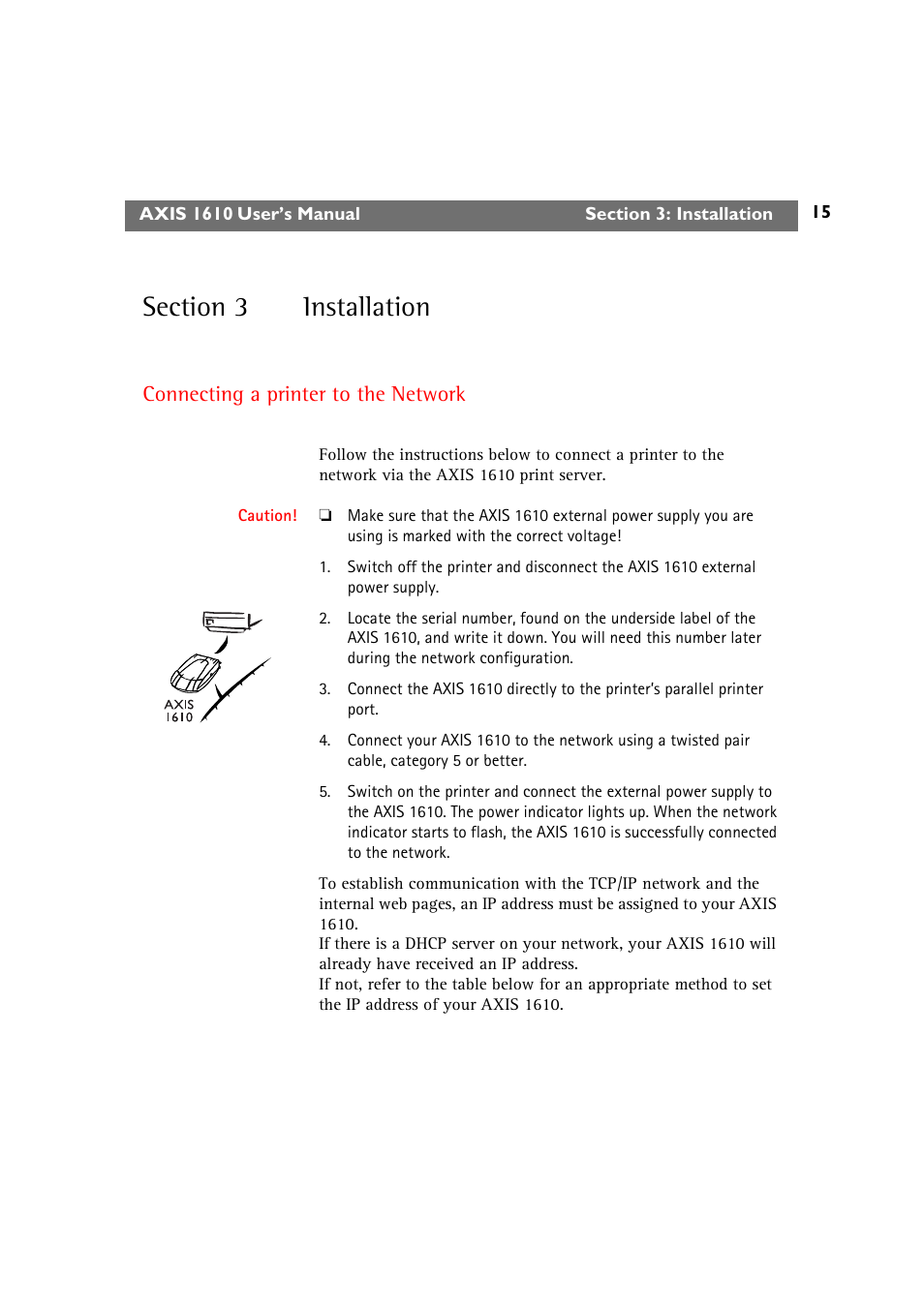 Section 3 installation, Connecting a printer to the network, Section 3 | Installation | Canon AXIS 1610 User Manual | Page 15 / 57