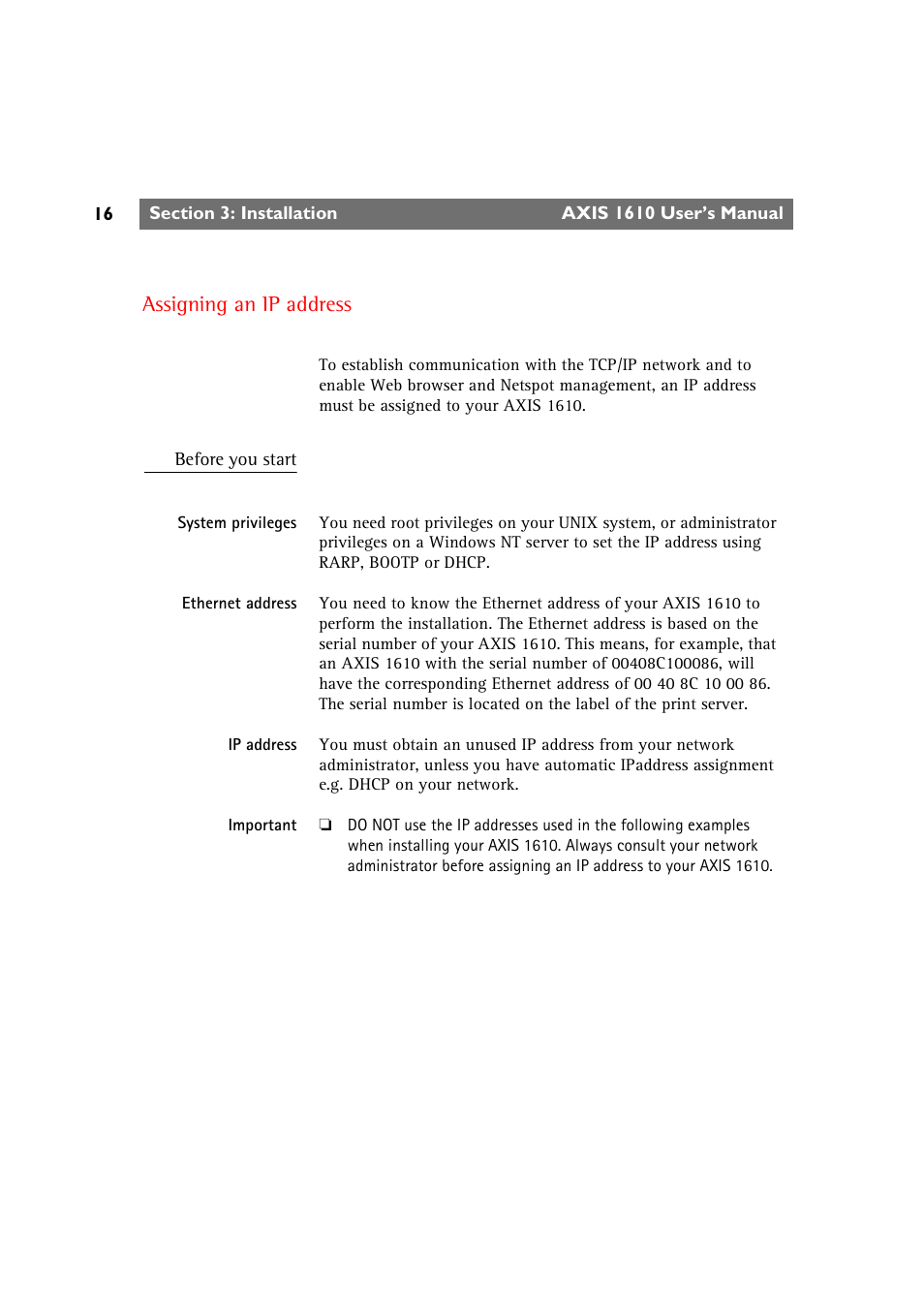 Assigning an ip address | Canon AXIS 1610 User Manual | Page 16 / 57
